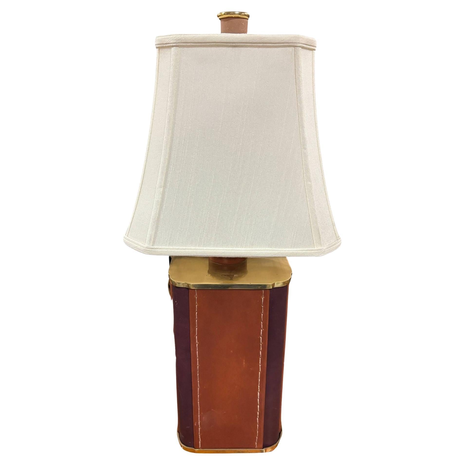 Two-Toned Square Leather Wrapped Table Lamp with Gold Trim For Sale