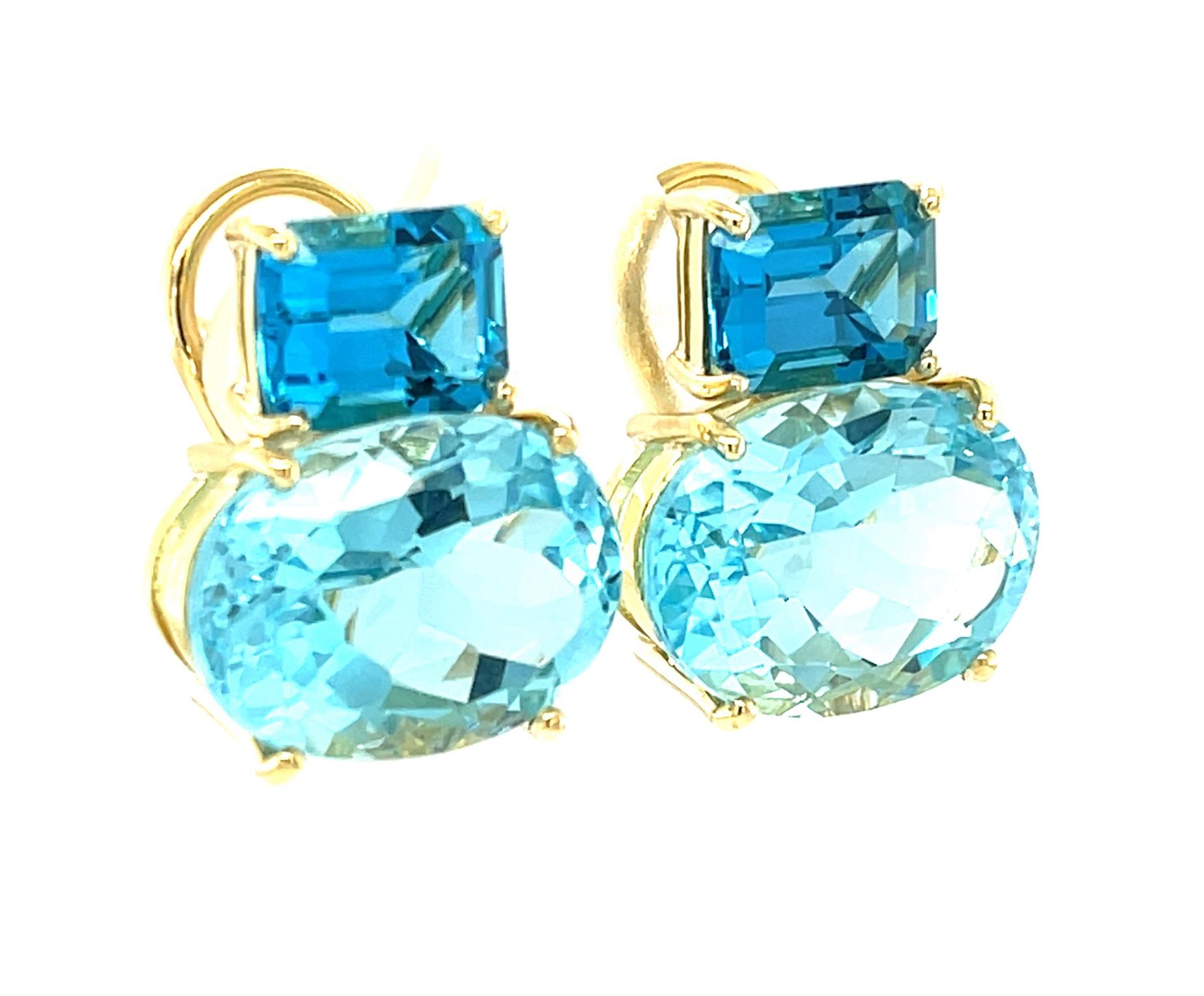 Artisan Two-Toned Swiss and London Blue Topaz French Clip Earrings in 18k Yellow Gold For Sale