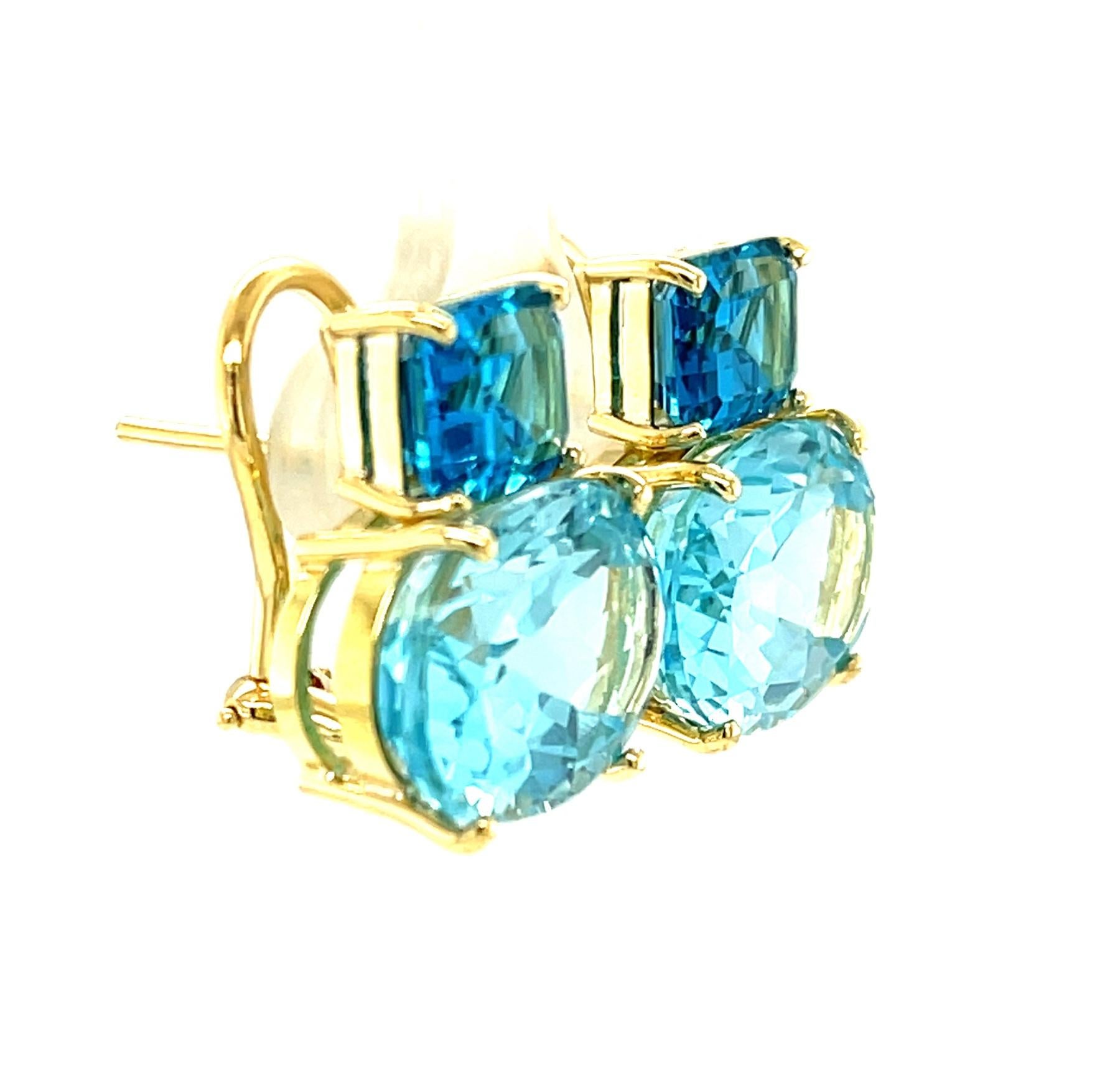 Emerald Cut Two-Toned Swiss and London Blue Topaz French Clip Earrings in 18k Yellow Gold For Sale