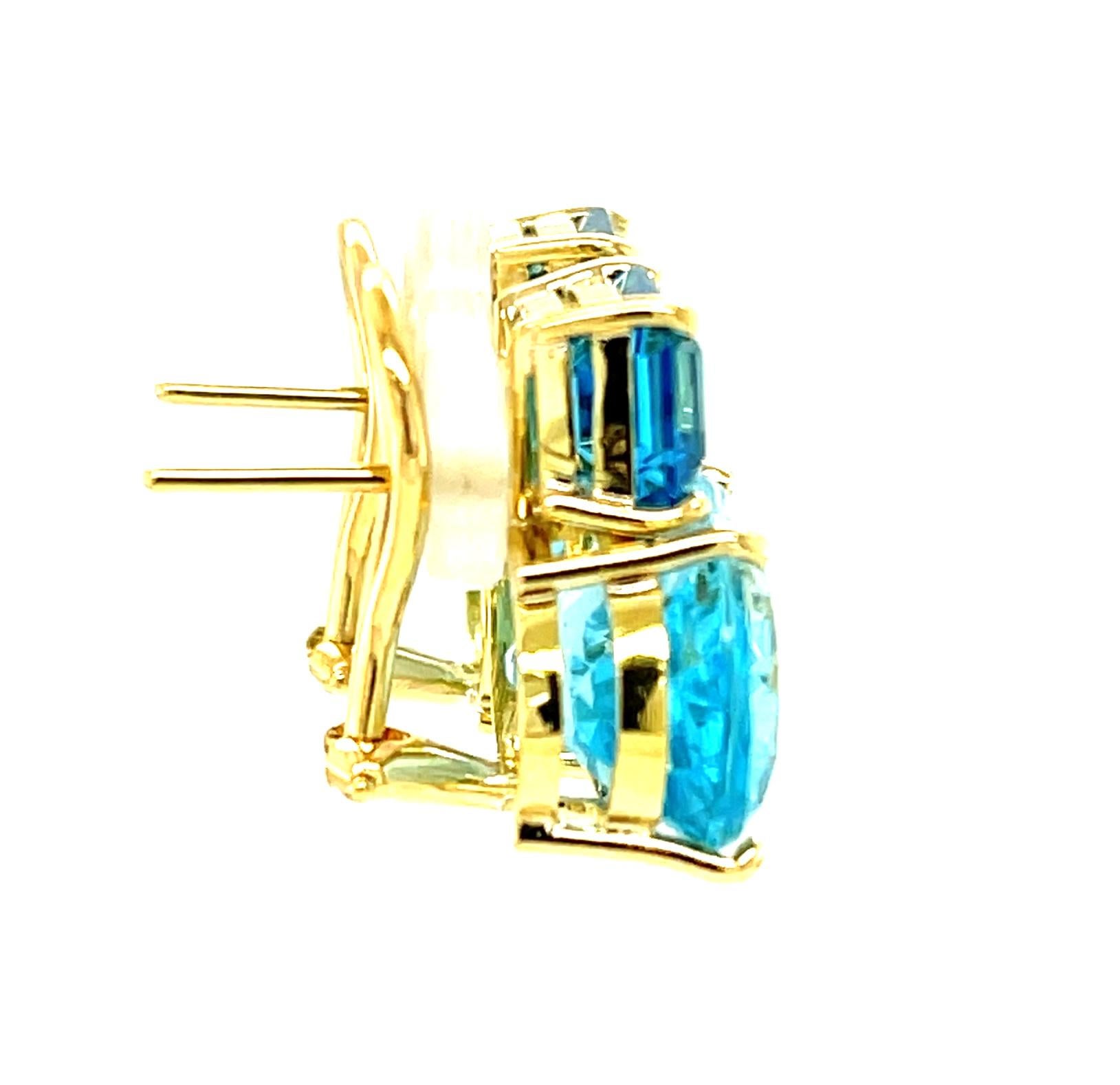 Two-Toned Swiss and London Blue Topaz French Clip Earrings in 18k Yellow Gold In New Condition For Sale In Los Angeles, CA