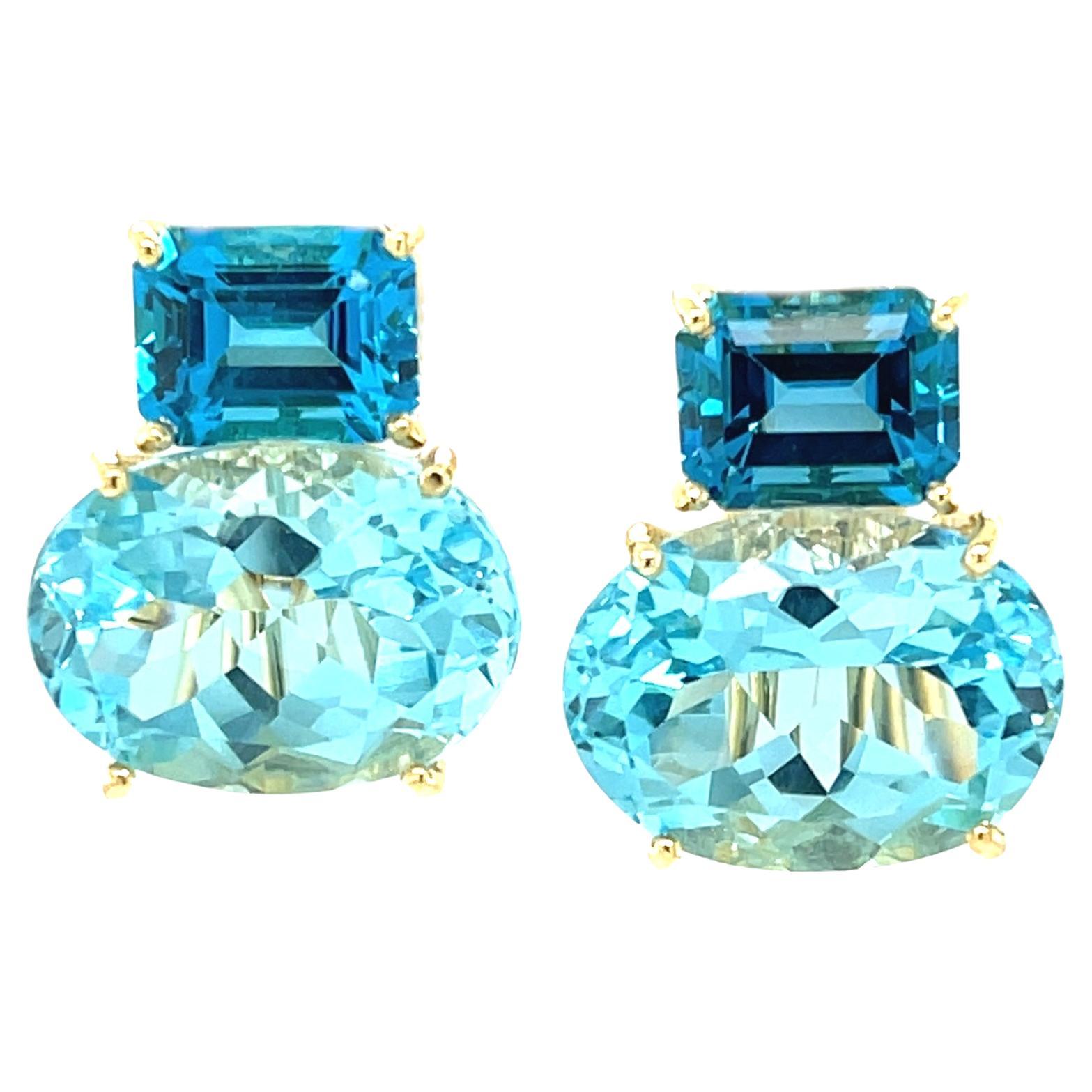 Two-Toned Swiss and London Blue Topaz French Clip Earrings in 18k Yellow Gold For Sale