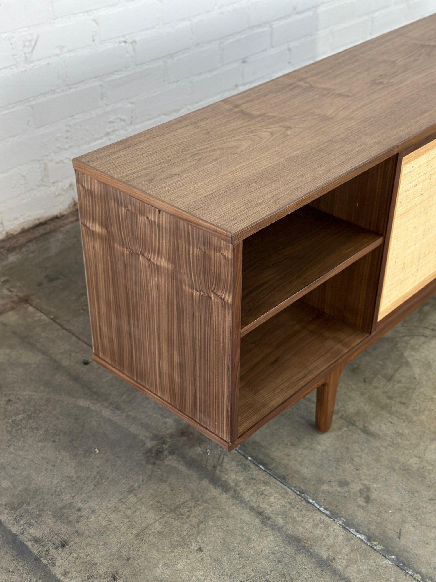 Mid-Century Modern Two Toned Walnut & Cane Credenza For Sale
