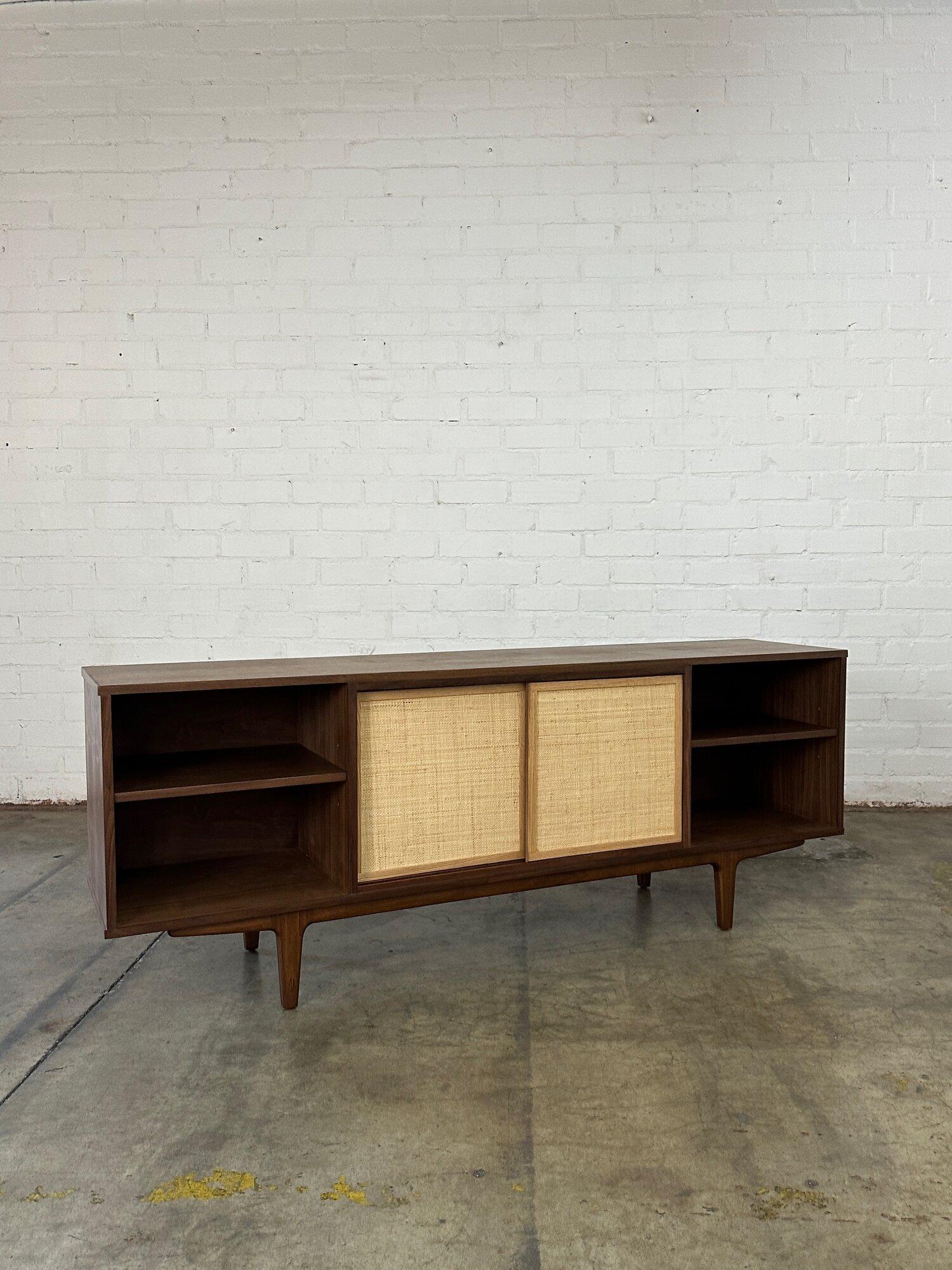 Oak Two Toned Walnut & Cane Credenza For Sale