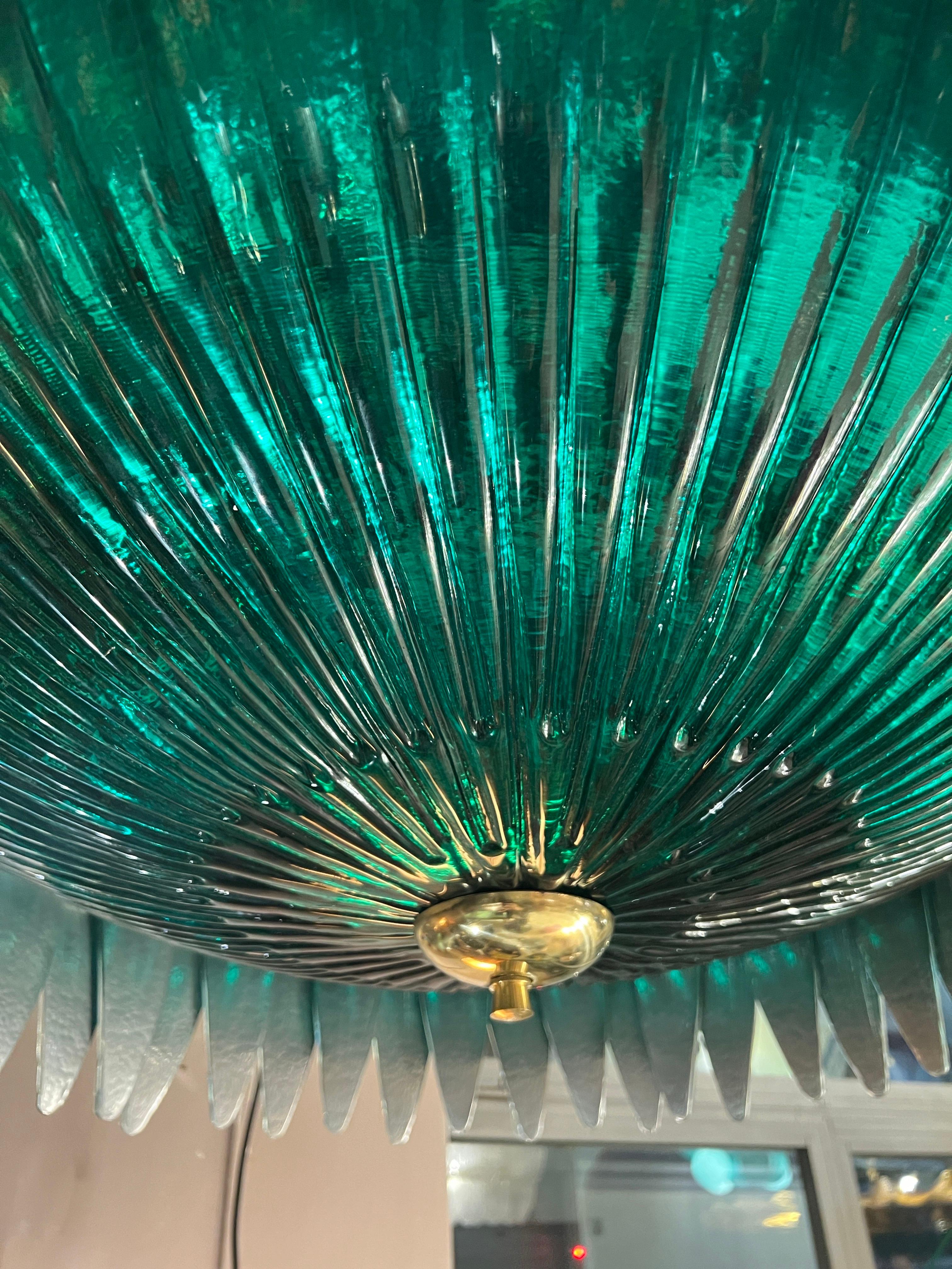 Lampadario a due toni con foglie in vetro di Murano verde specchiato 1980 in vendita 5