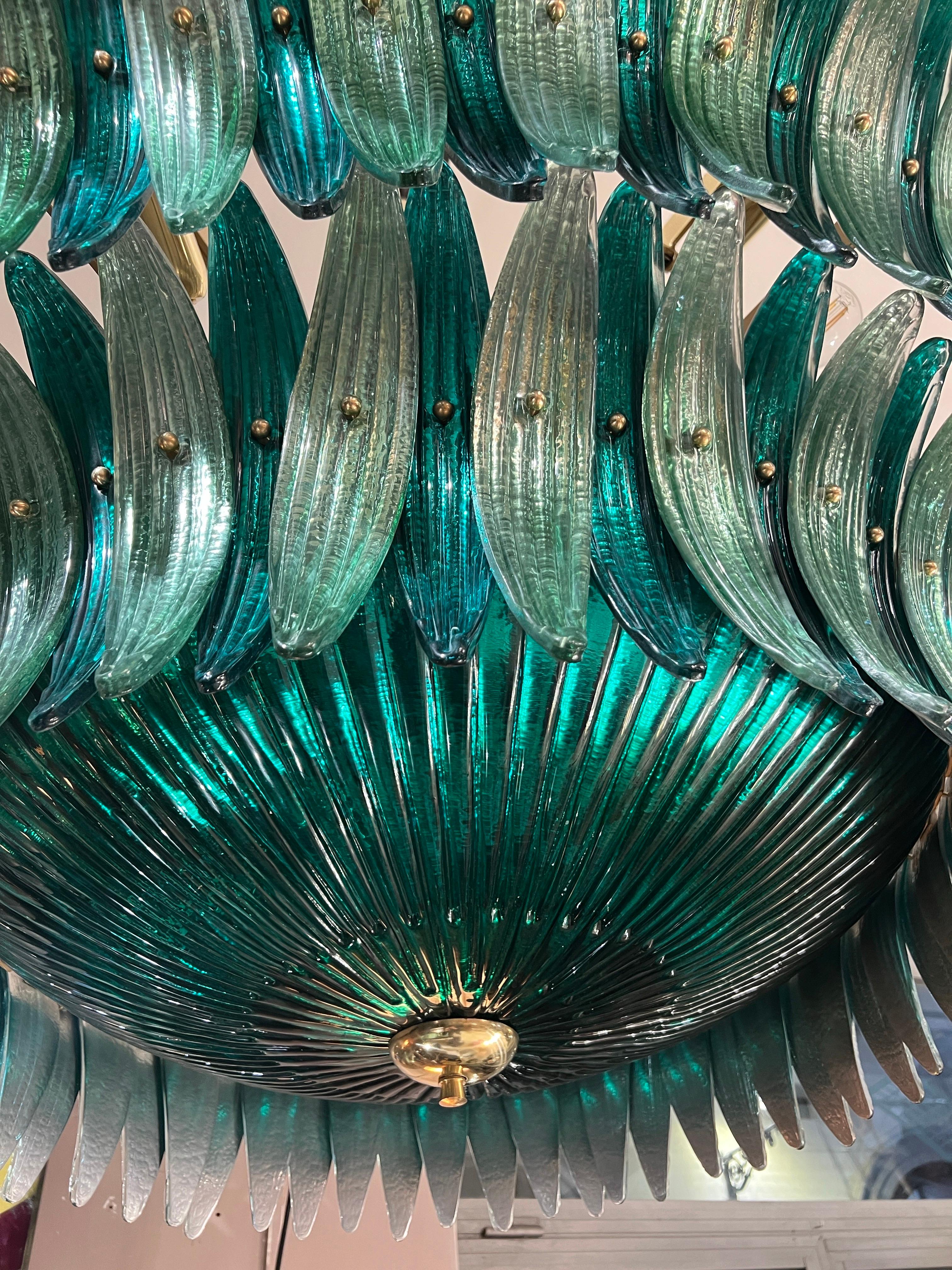 Lampadario a due toni con foglie in vetro di Murano verde specchiato 1980 in vendita 7