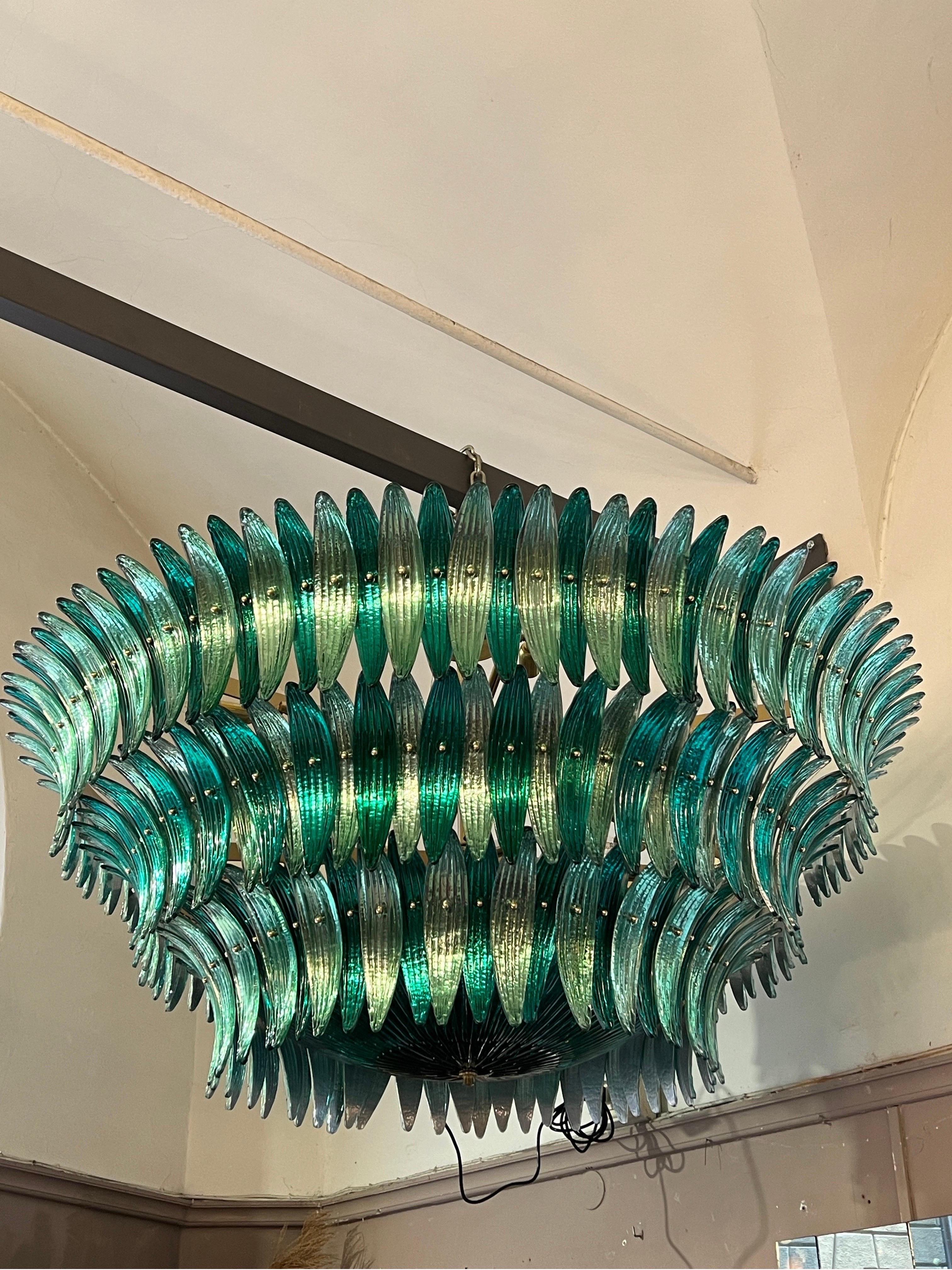 Two Tones Mirrored Green Murano Glass Leaves Chandelier 1980 For Sale 1