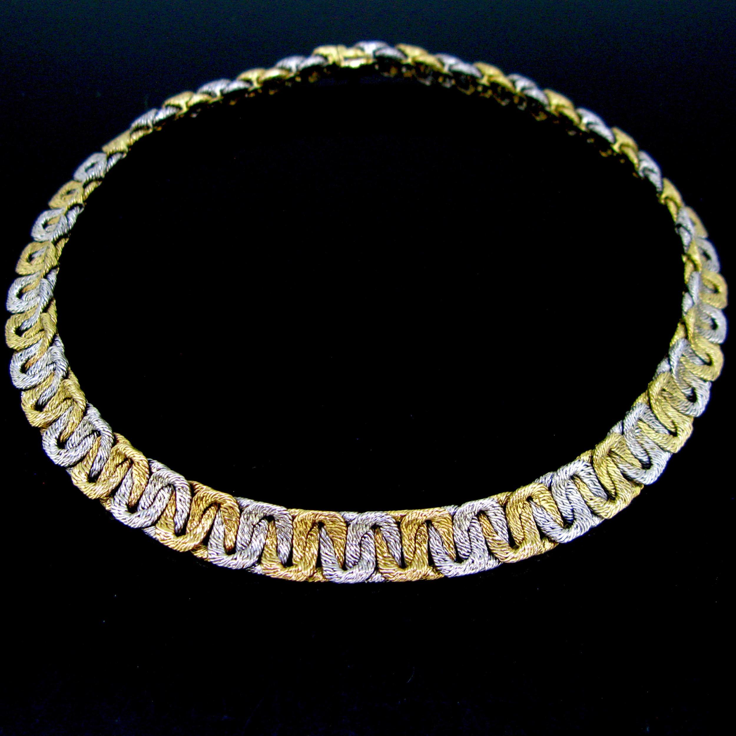 Weight:	104 gr



Metal:	18kt yellow and white gold



Condition:	Very good



Hallmarks:	French, the eagle’s head
	Maker’s mark: G / a dice above a wing/ L



Comments: 	This ravishing collar necklace from the Sixties is fully made in 18k yellow