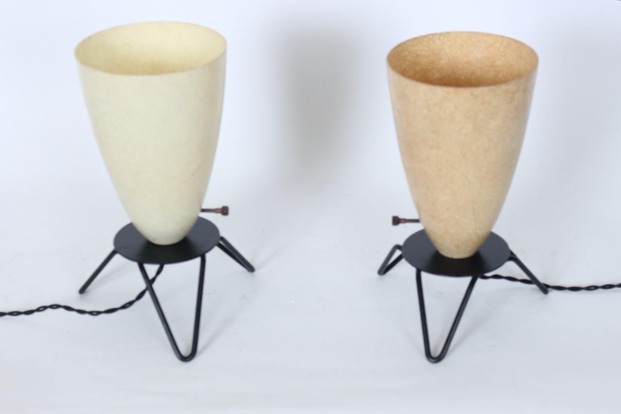 Enameled Two Tony Paul Style Ivory & Coffee Cone Shades Black Hairpin Bases Table Lamps For Sale