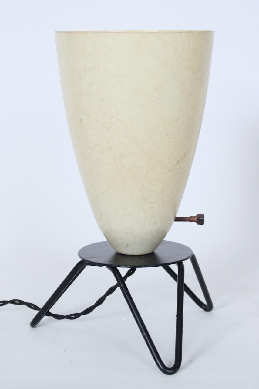 Mid-20th Century Two Tony Paul Style Ivory & Coffee Cone Shades Black Hairpin Bases Table Lamps For Sale
