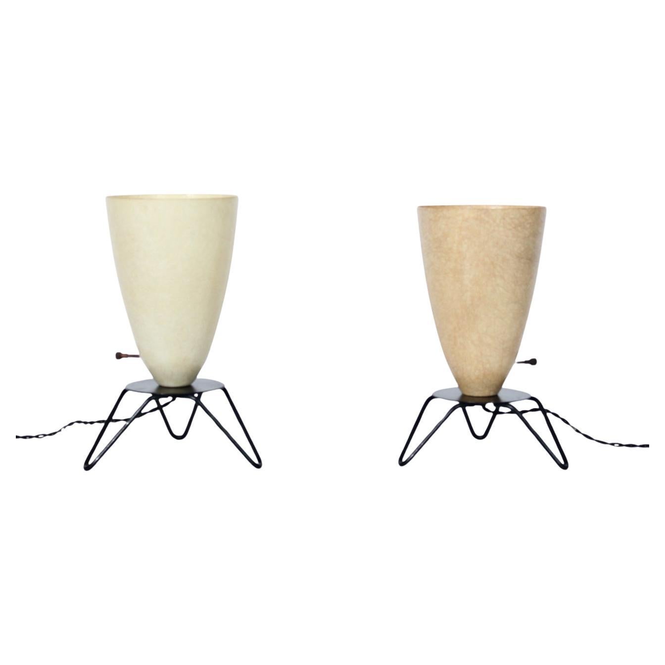 Two Tony Paul Style Ivory & Coffee Cone Shades Black Hairpin Bases Table Lamps For Sale