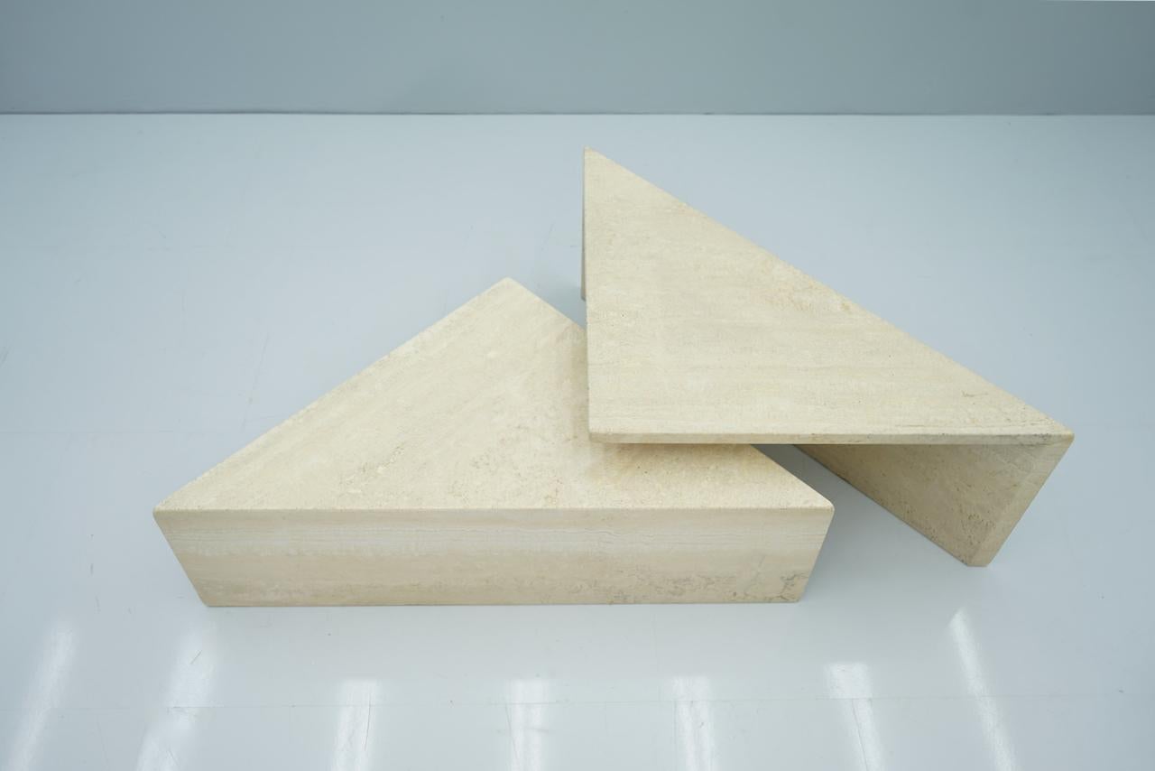 Two Triangle Tiered Travertine Coffee Tables, 1970s 8