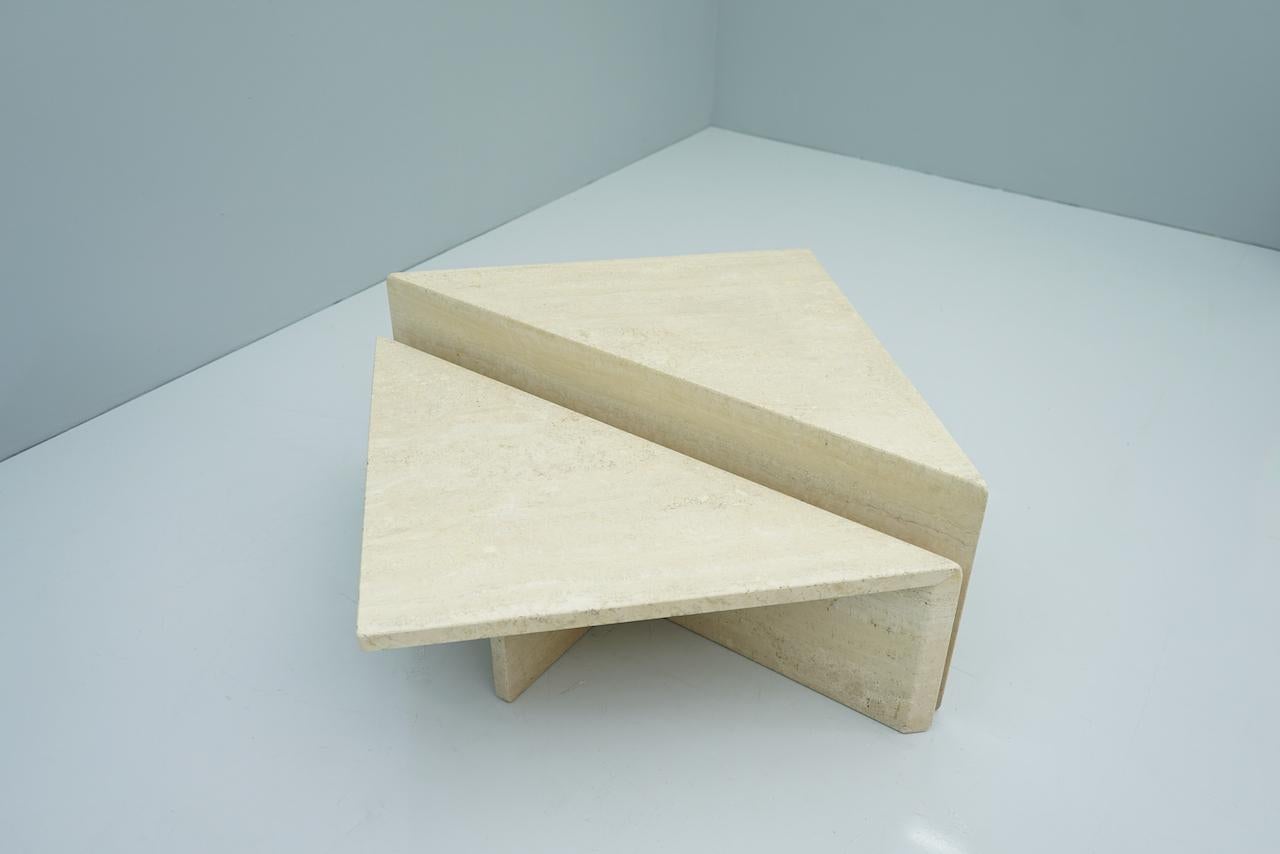 Late 20th Century Two Triangle Tiered Travertine Coffee Tables, 1970s