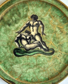 "Two Tritons, " Art Deco Plate w/ Mythological Figures in Green and Gold, Mayodon