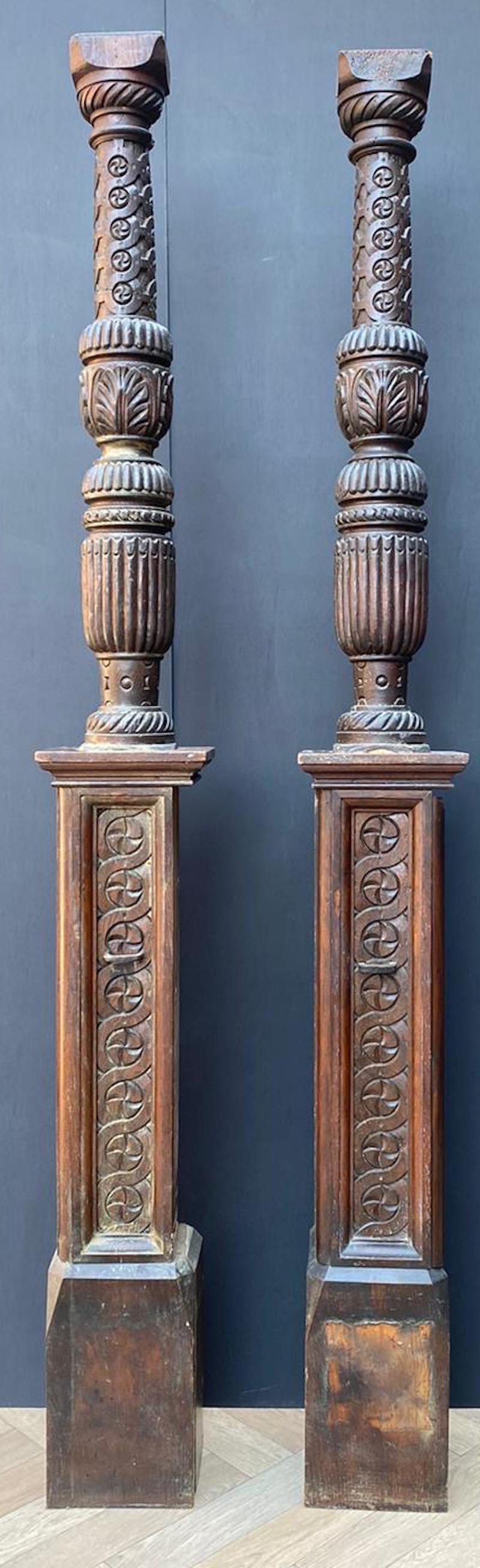 English Two Tudor Period Carved Oak Columns