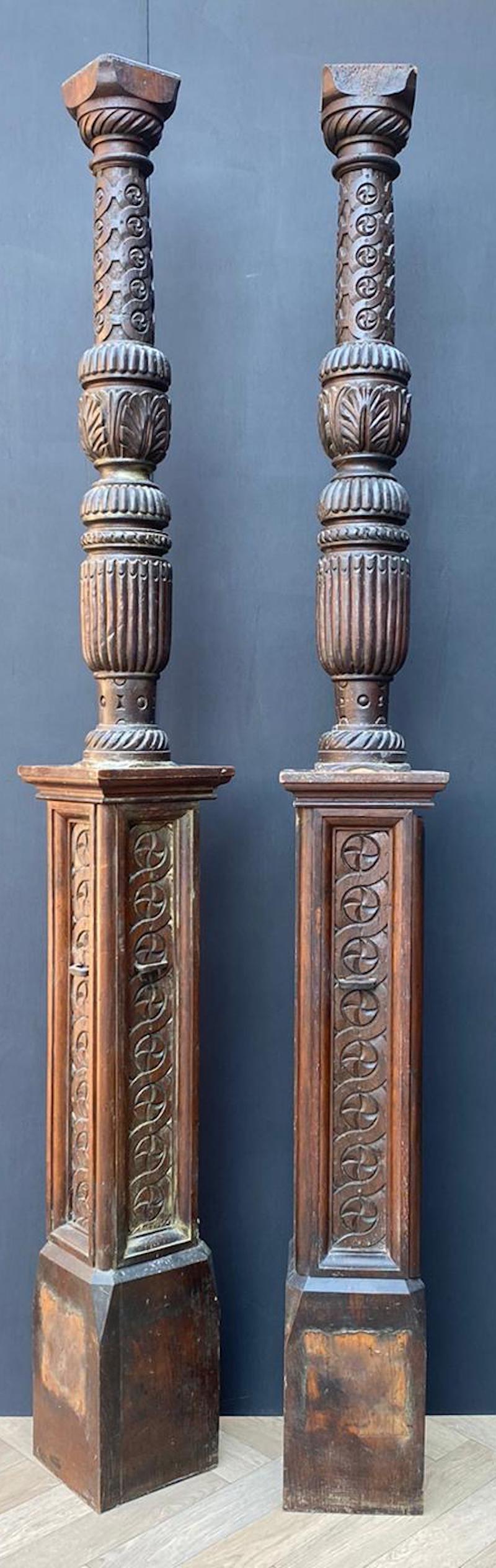 Hand-Carved Two Tudor Period Carved Oak Columns