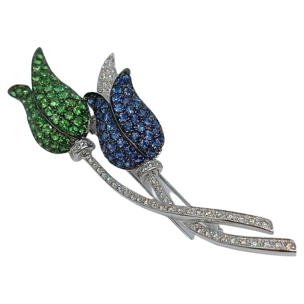 Two Tulips Brooch in White Gold with Diamonds, Tsavorites and Sapphires For Sale