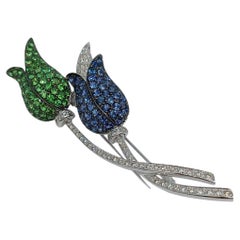 Diamond Sapphire Tsavorite Tulip Brooch 18K Gold Diamrusa