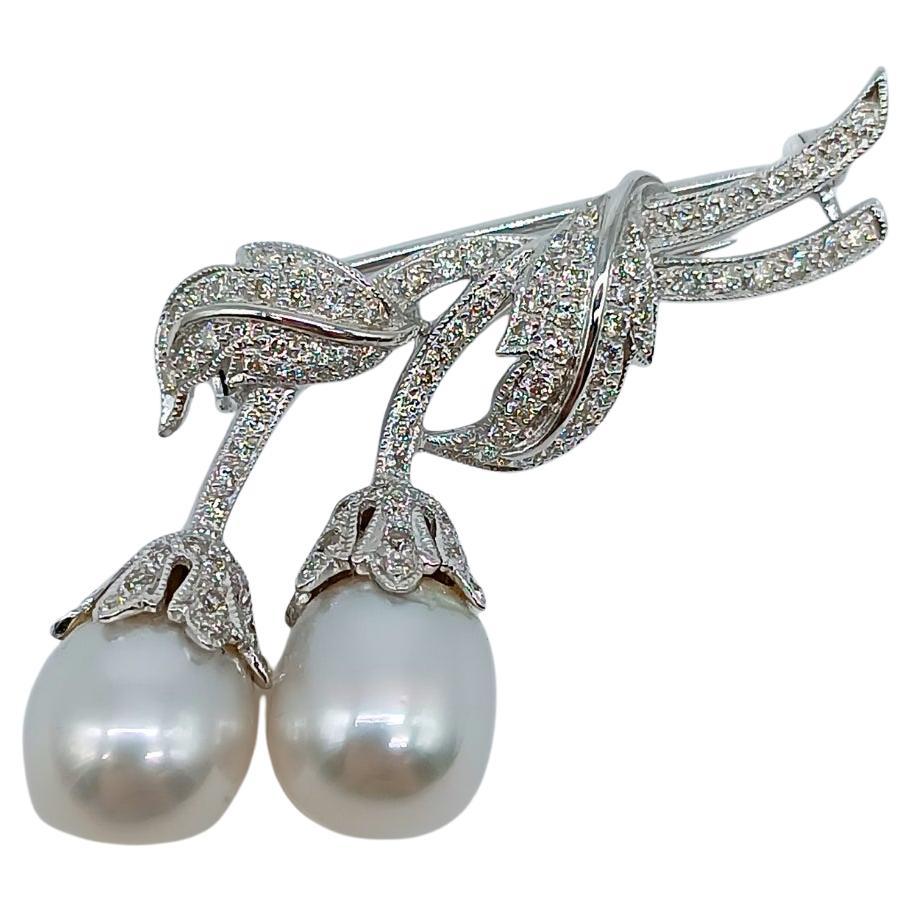 Two Tulips on branch in White Gold with Diamonds and Pearls For Sale