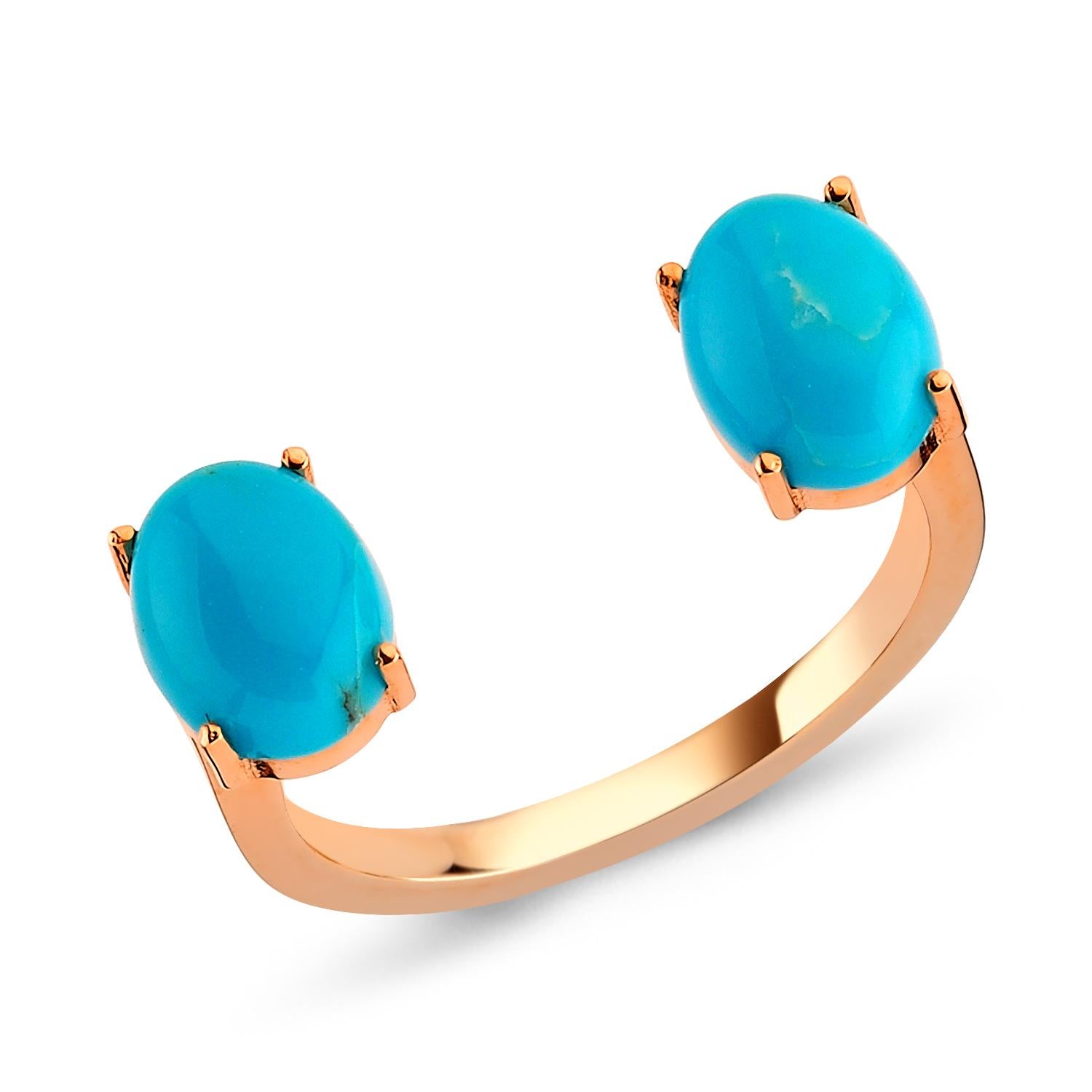 Brilliant Cut Two Turquoise Open Rings in Rose Gold with Turquoise For Sale