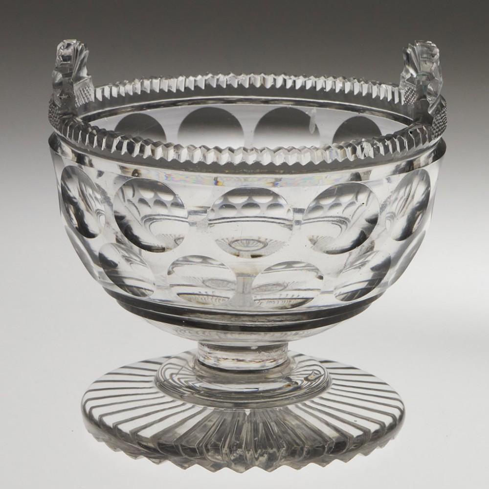 Heading : Two twin stave piggins
Period : Victoria c1840
Origin : Almost certainly Ireland, possibly England
Colour : Clear, one has a darker tone
Bowl : Notch cut rims with fan cut staves, a field of fine strawberry diamond cutting below each