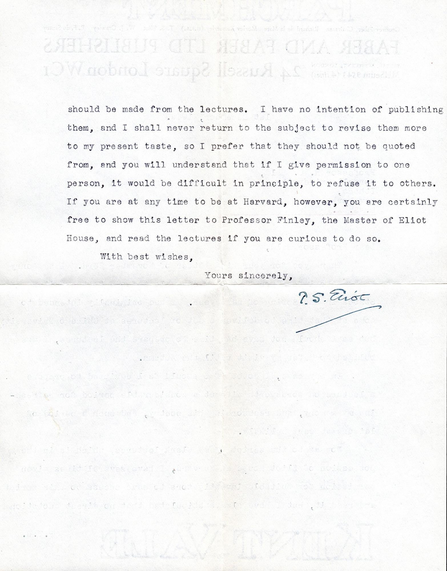 British Two Typed Letters Signed (TLS) by T. S. Eliot For Sale