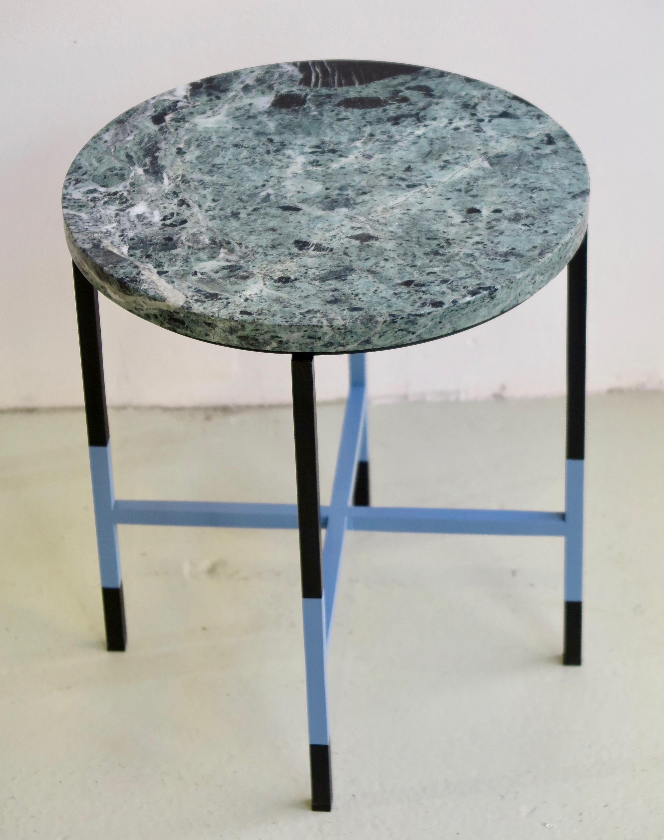 Two unique small side tables with marble tops and painted iron bases, Italy, 2017. Signed and numbered.
The tables have different heights:
height 18.5