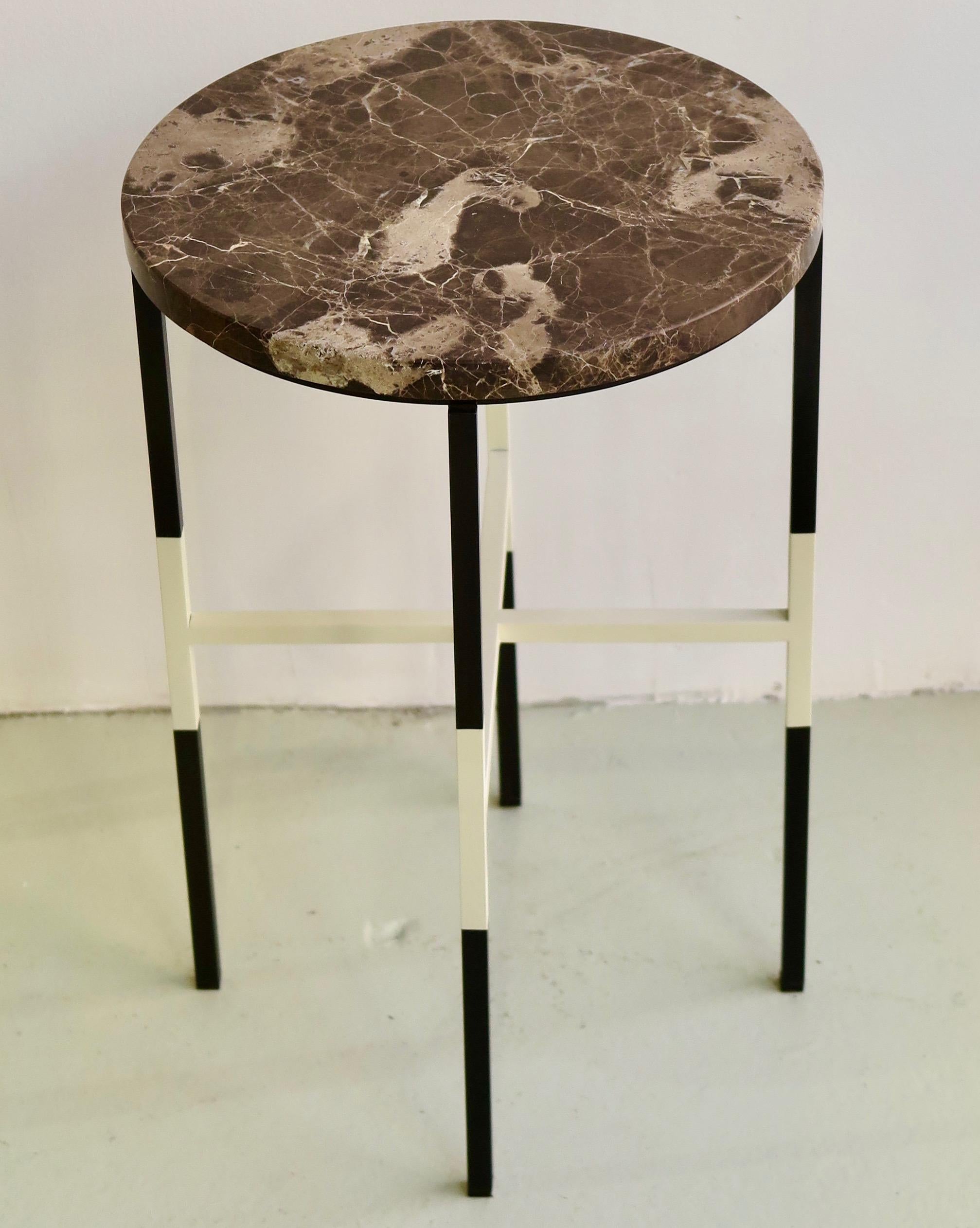 Italian Two Unique Side Tables with Marble Tops and Lacquered Metal Bases