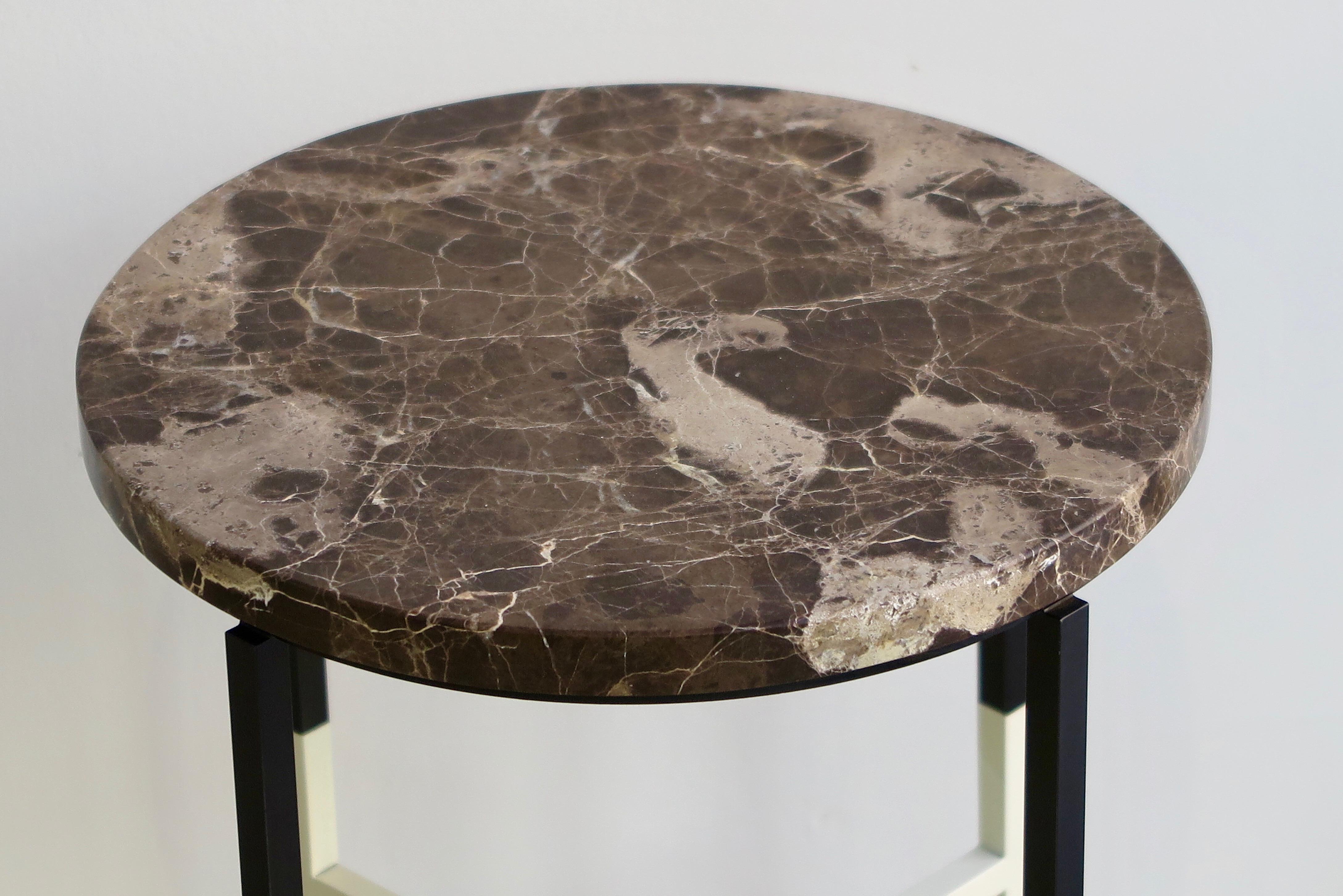 Painted Two Unique Side Tables with Marble Tops and Lacquered Metal Bases