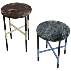 Two Unique Side Tables with Marble Tops and Lacquered Metal Bases