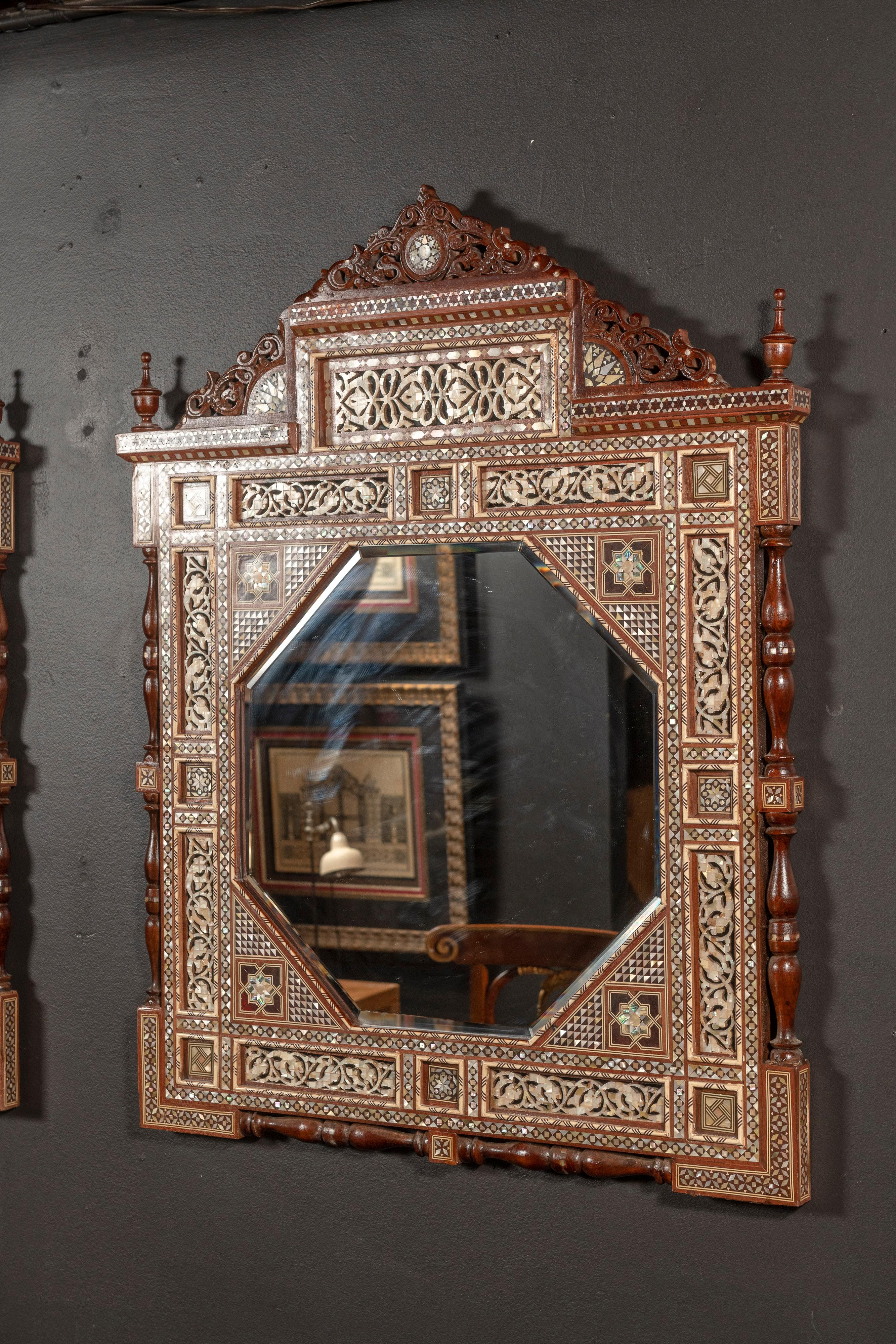 Two Unique Syrian Mirrors with Mother of Pearl Inlay and Wooden Marquetry  For Sale 4