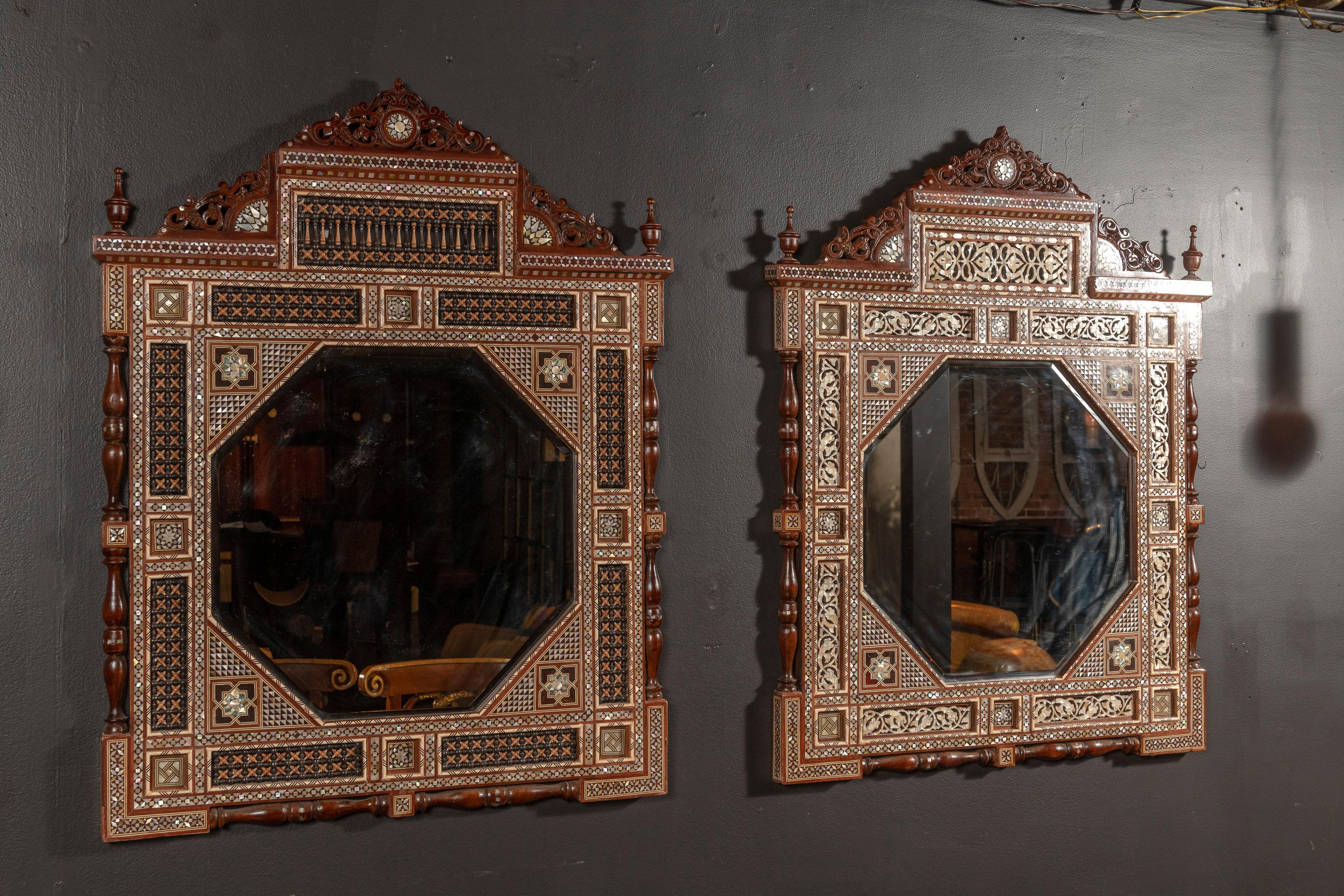 Carved Two Unique Syrian Mirrors with Mother of Pearl Inlay and Wooden Marquetry  For Sale
