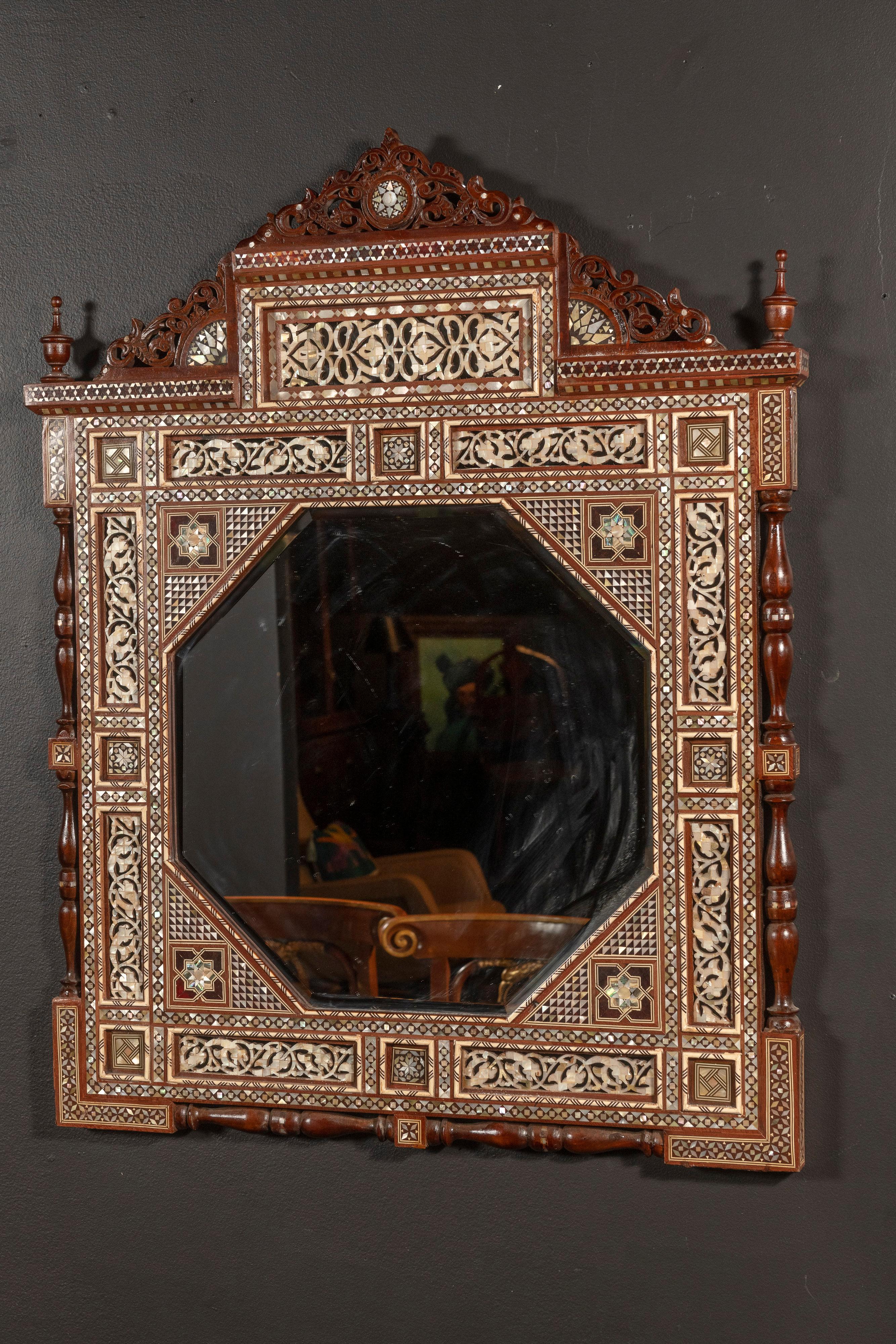 Two Unique Syrian Mirrors with Mother of Pearl Inlay and Wooden Marquetry  For Sale 2