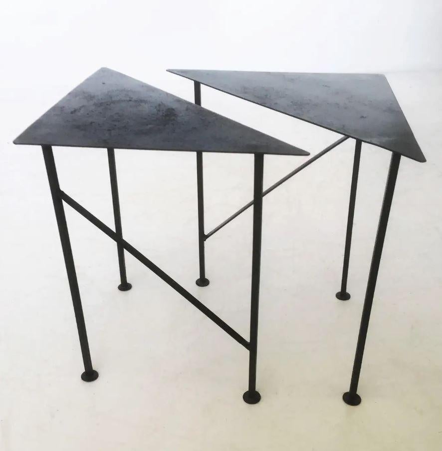 Mid-Century Modern Two Unique Triangular Handcrafted Blackened Iron Drink Tables