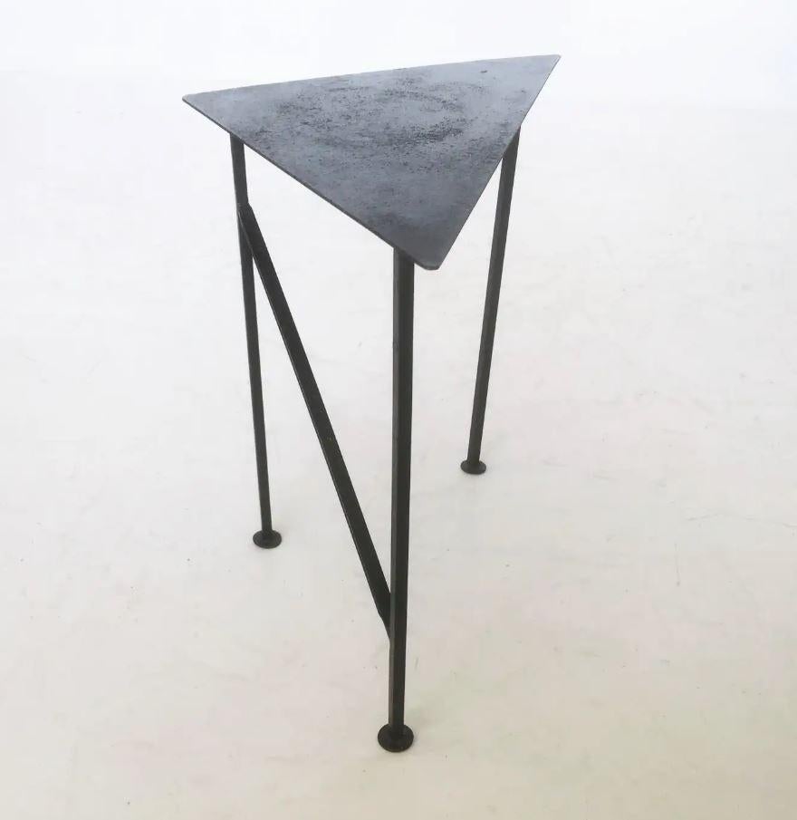 Two Unique Triangular Handcrafted Blackened Iron Drink Tables In Good Condition In Dallas, TX