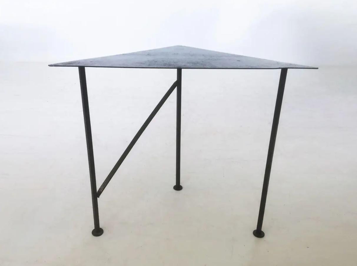 Two Unique Triangular Handcrafted Blackened Iron Drink Tables 1