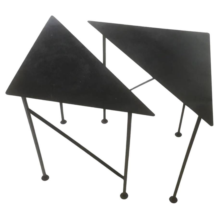 Two Unique Triangular Handcrafted Blackened Iron Drink Tables