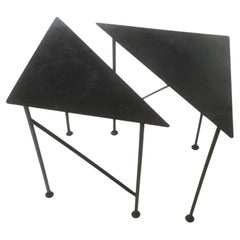 Vintage Two Unique Triangular Handcrafted Blackened Iron Drink Tables