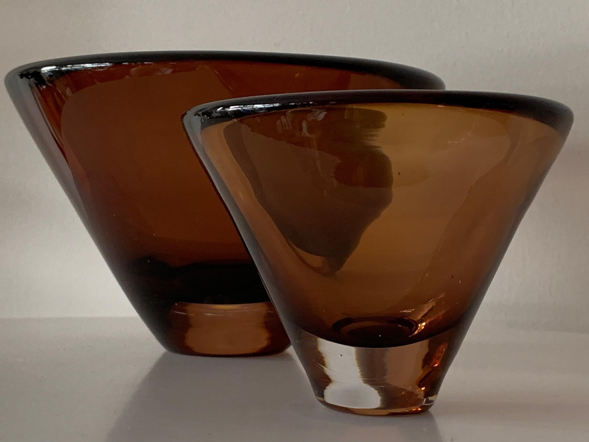 Unusual glass vessels by Vicke Lindstrand for Kosta Boda, signed # 5599 and # 55997. Beautiful dark brown color in Sommerso style, circa 1960s.
