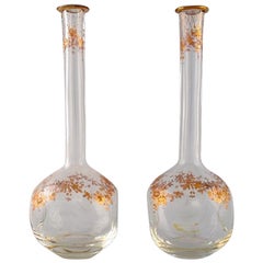 Two Vases in Mouth Blown Art Glass with Hand Painted Flowers in Gold
