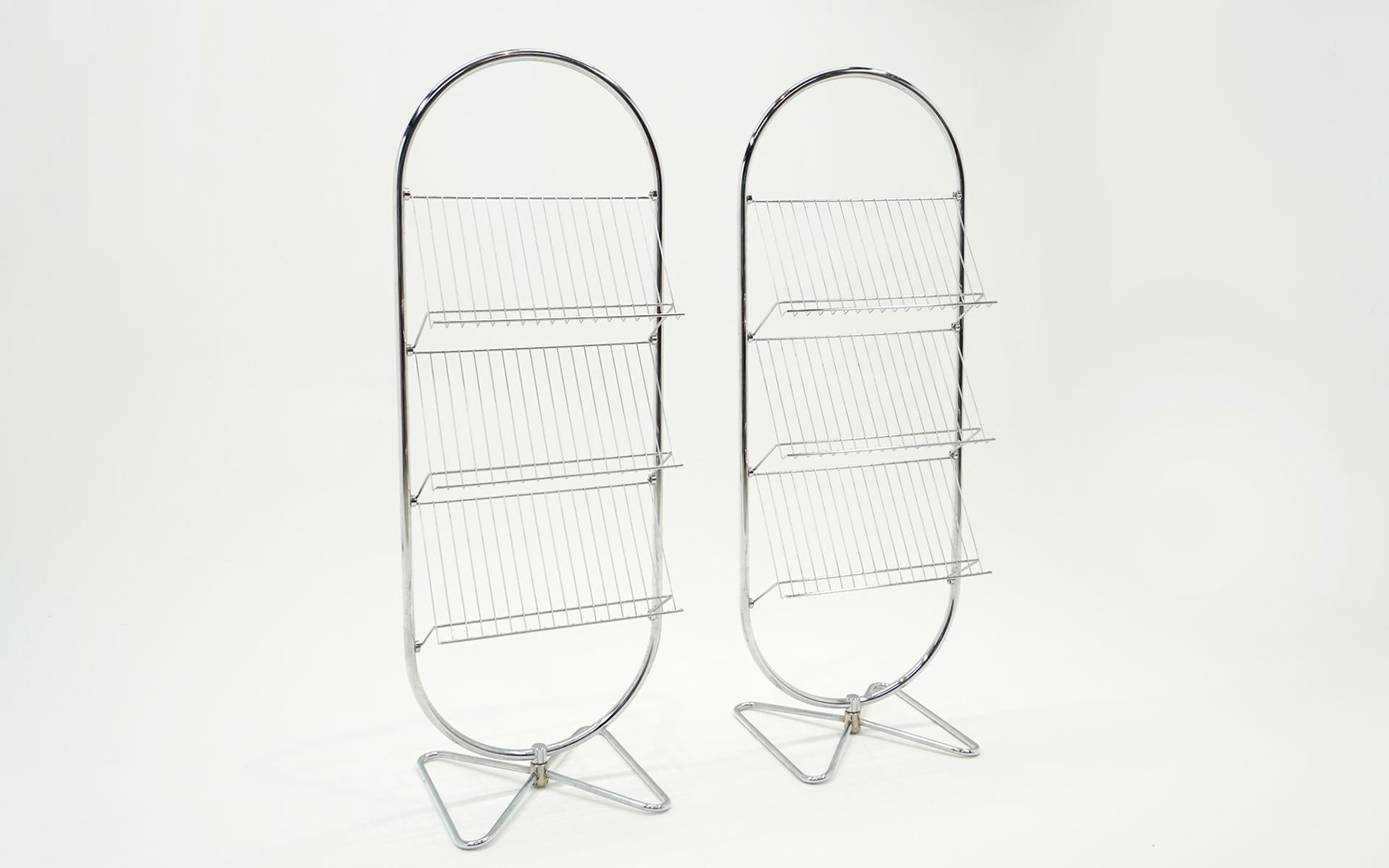 Mid-Century Modern Two Verner Panton Book, Magazine, Record Album Floor Standing Shelves.  Chrome