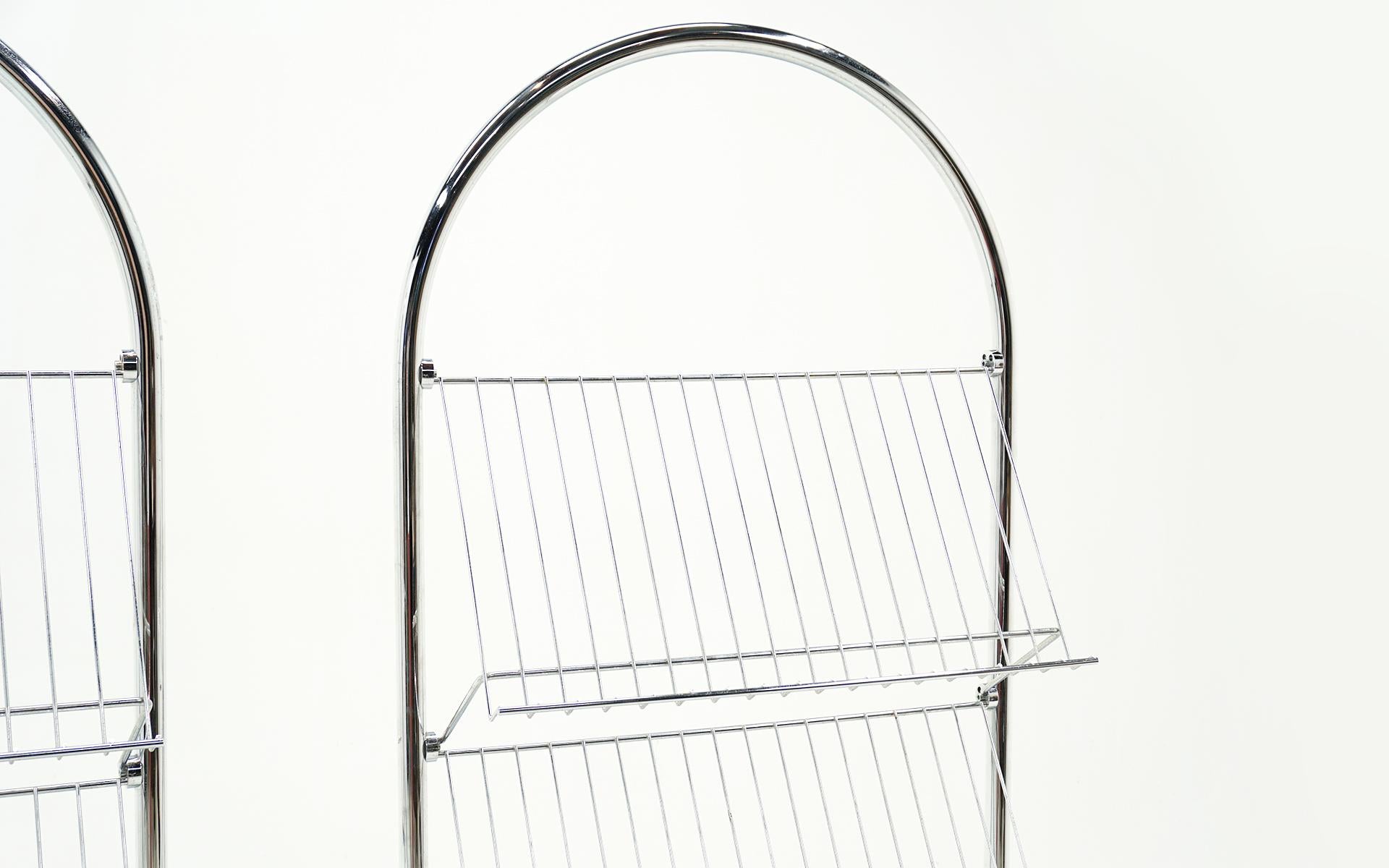 Danish Two Verner Panton Book, Magazine, Record Album Floor Standing Shelves.  Chrome