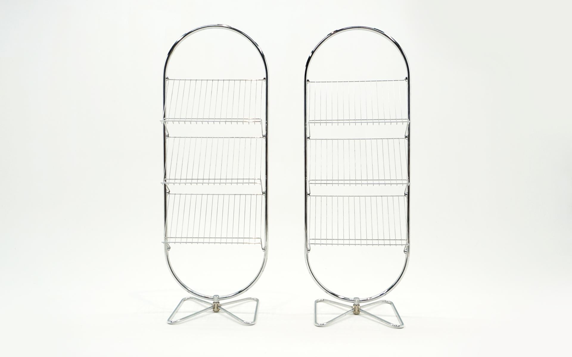 Two Verner Panton Book, Magazine, Record Album Floor Standing Shelves.  Chrome 1