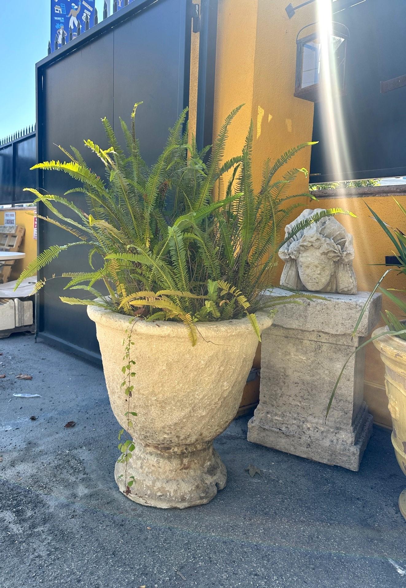 Sculpté Two Very Large Hand Carved Antique Stone Urns Planters Anduze Rustic Jardinières en vente