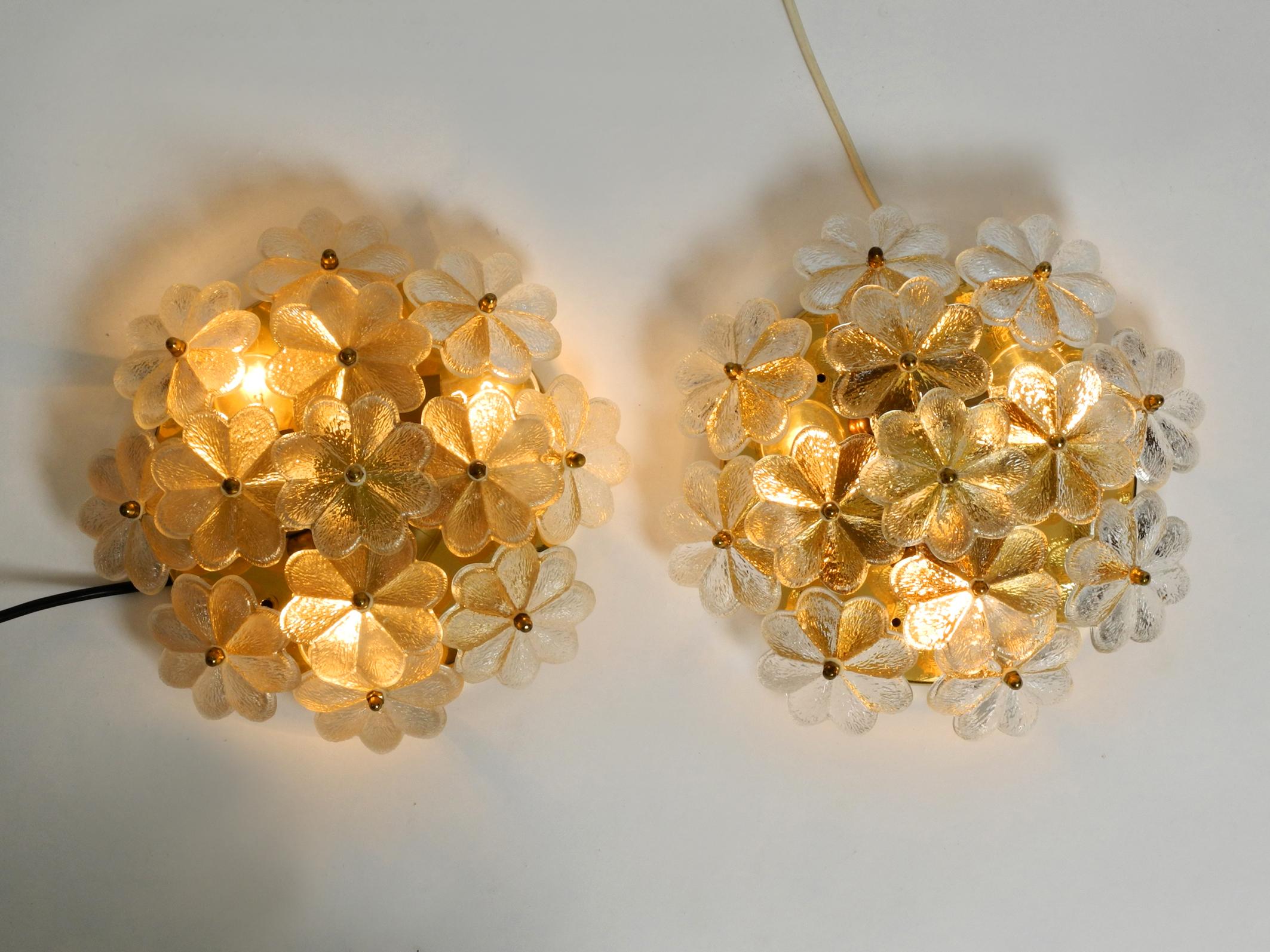 German Two Very Rare 1970s Brass Crystal Glass Flower Ceiling Lamps by Ernst Palme For Sale