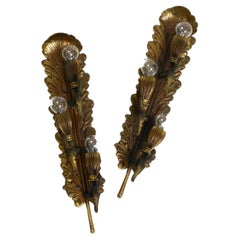 Two very rare original Italian Mid Century heavy brass wall lamps with 3 sockets
