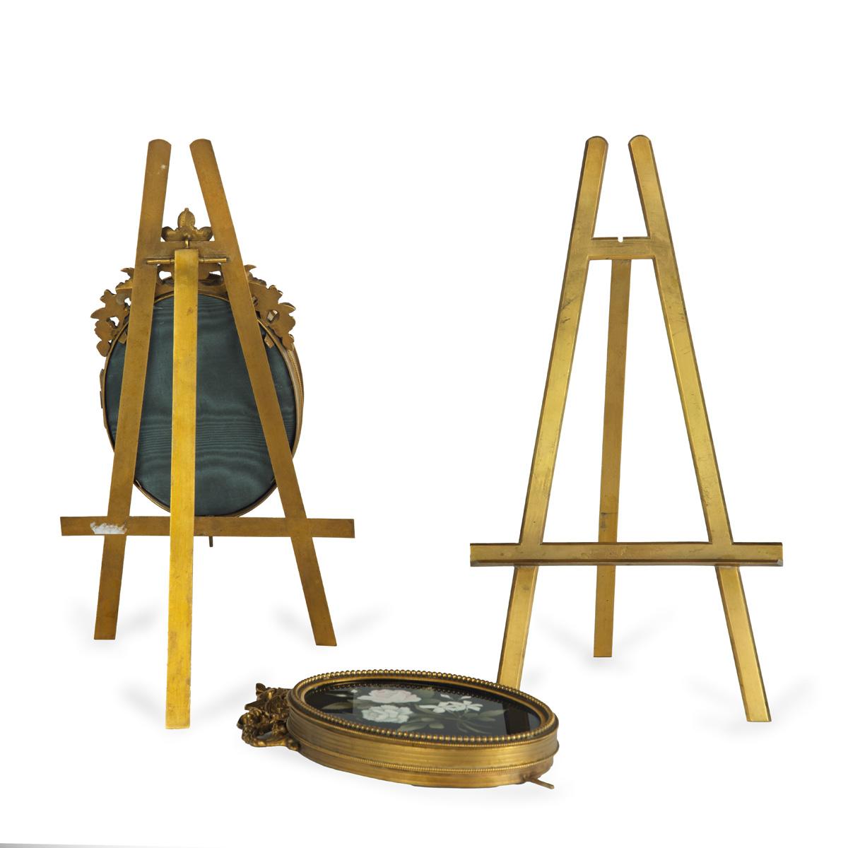 Ormolu Two very similar pietra dura and ormolu photograph frames on easels For Sale