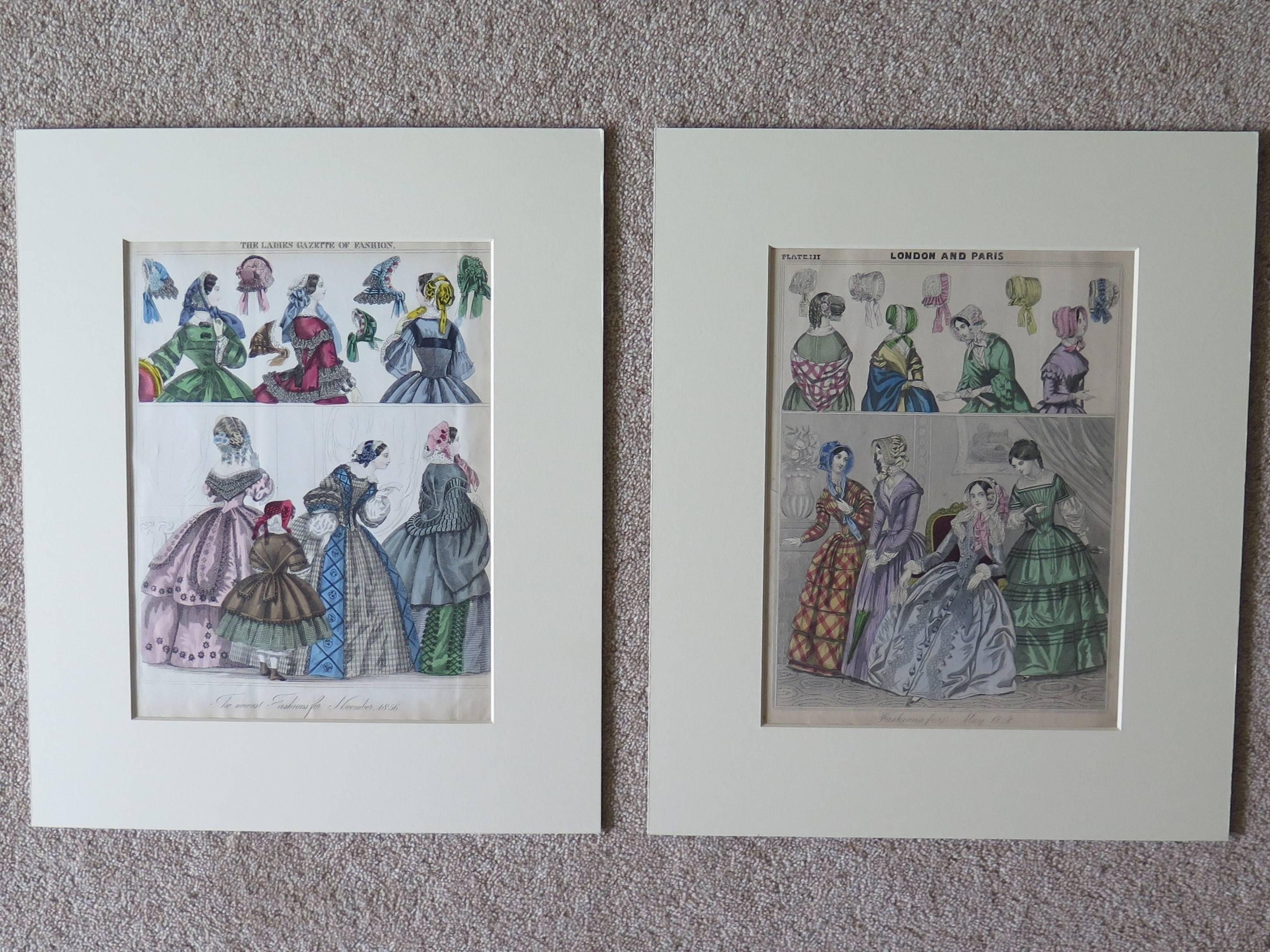 These are two very decorative colored and mounted fashion Prints of Victorian ladies fashion from 1848 and 1856, both individually mounted and ready to be framed.

Both prints show ladies and girls in different fashion dresses with hats from the