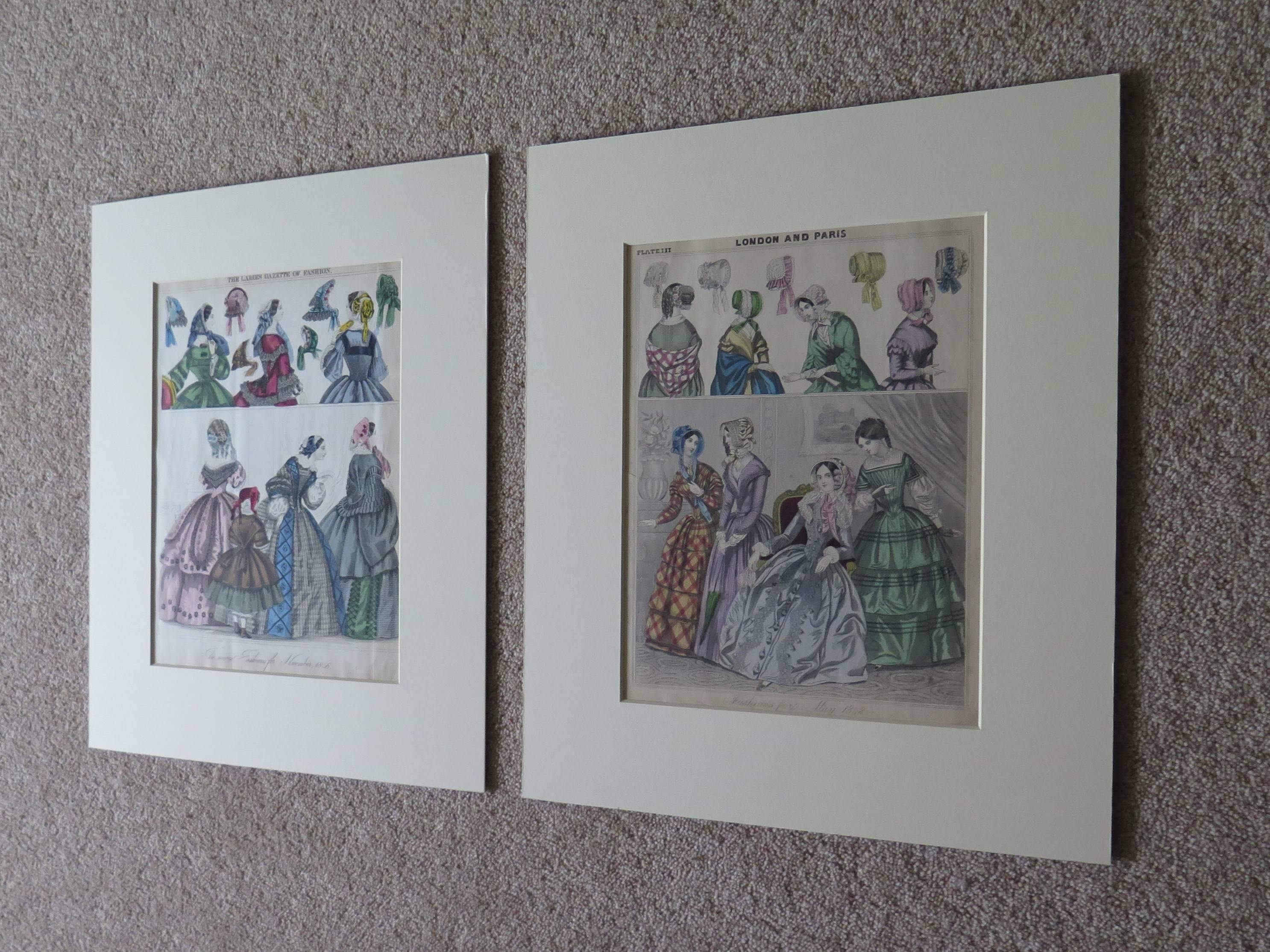 British TWO Fashion Prints Ladies Gazette London & Paris, Victorian 1848 to 1856