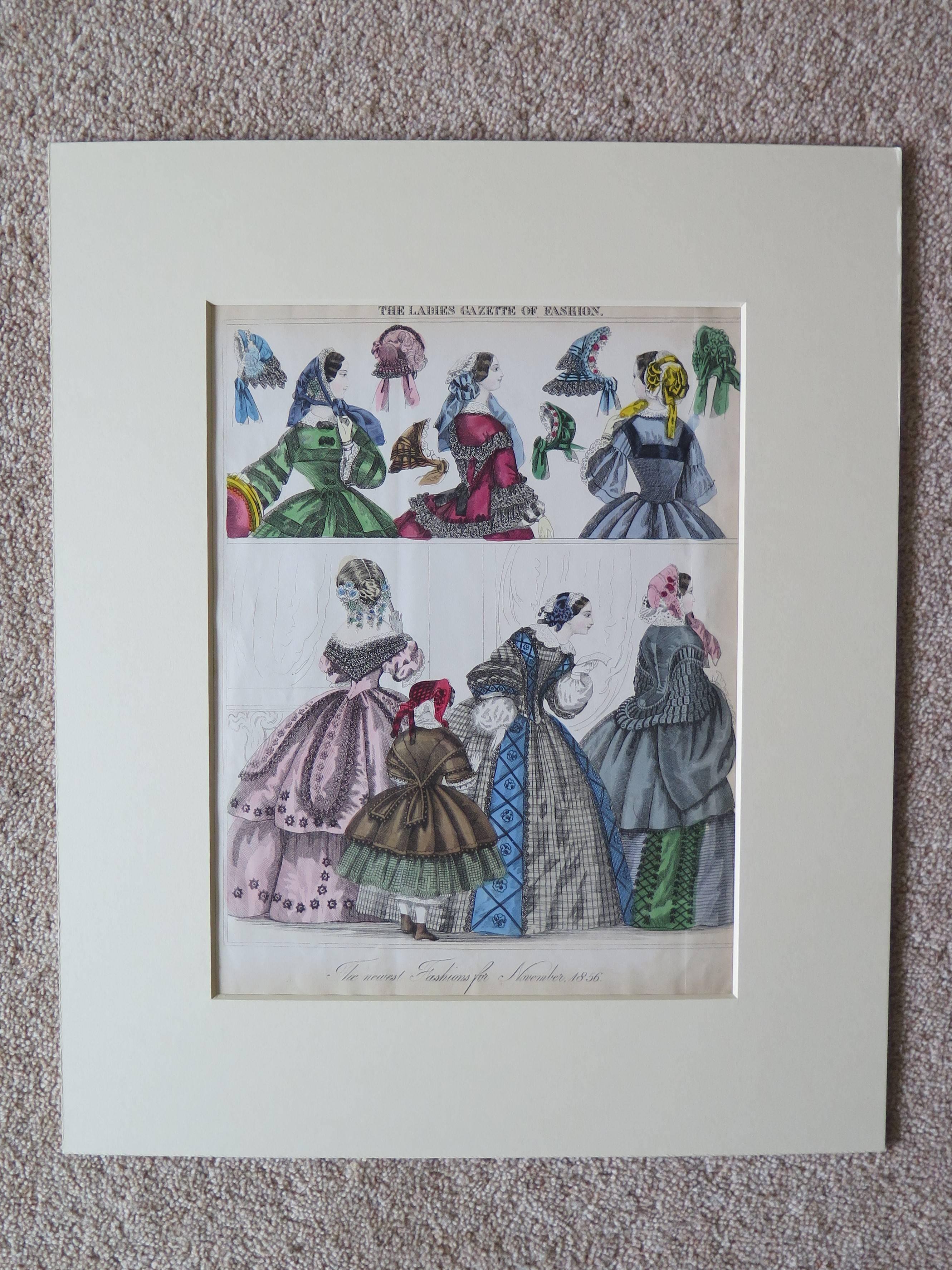 Engraved TWO Fashion Prints Ladies Gazette London & Paris, Victorian 1848 to 1856