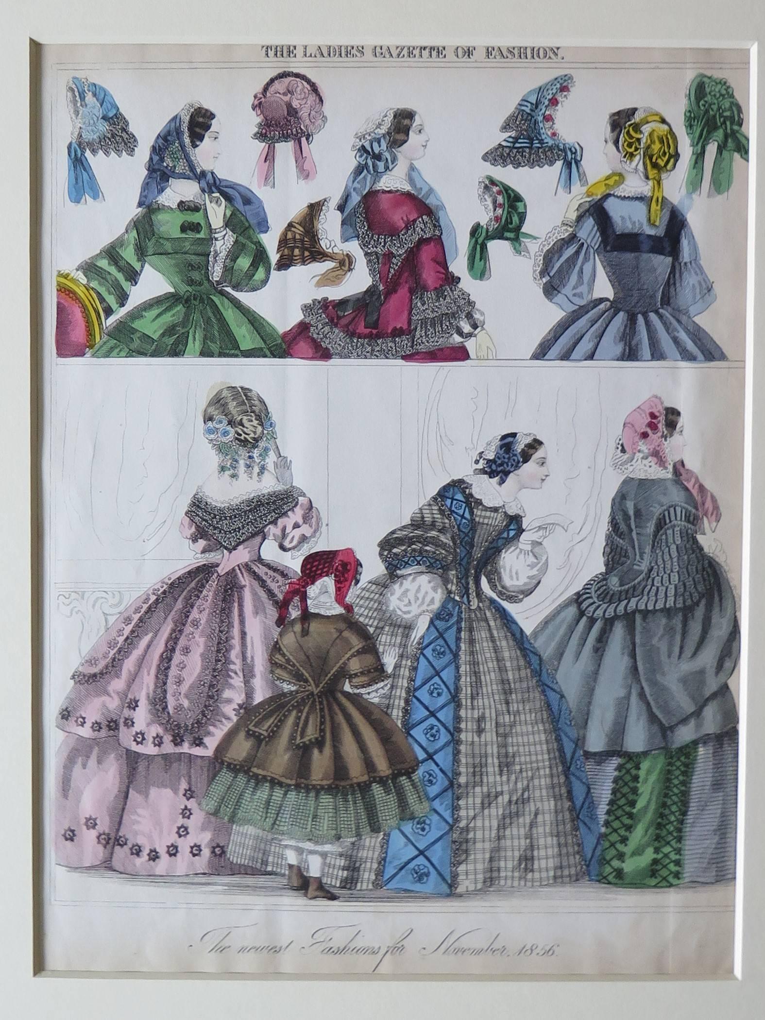 TWO Fashion Prints Ladies Gazette London & Paris, Victorian 1848 to 1856 In Good Condition In Lincoln, Lincolnshire